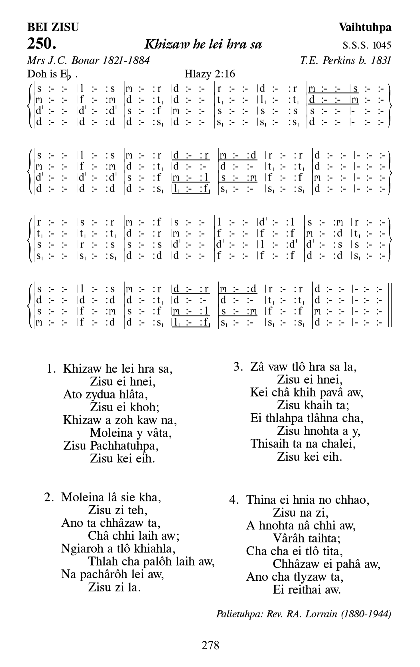 Hymn 250, “Khizaw he lei hra sa”, Edition 13