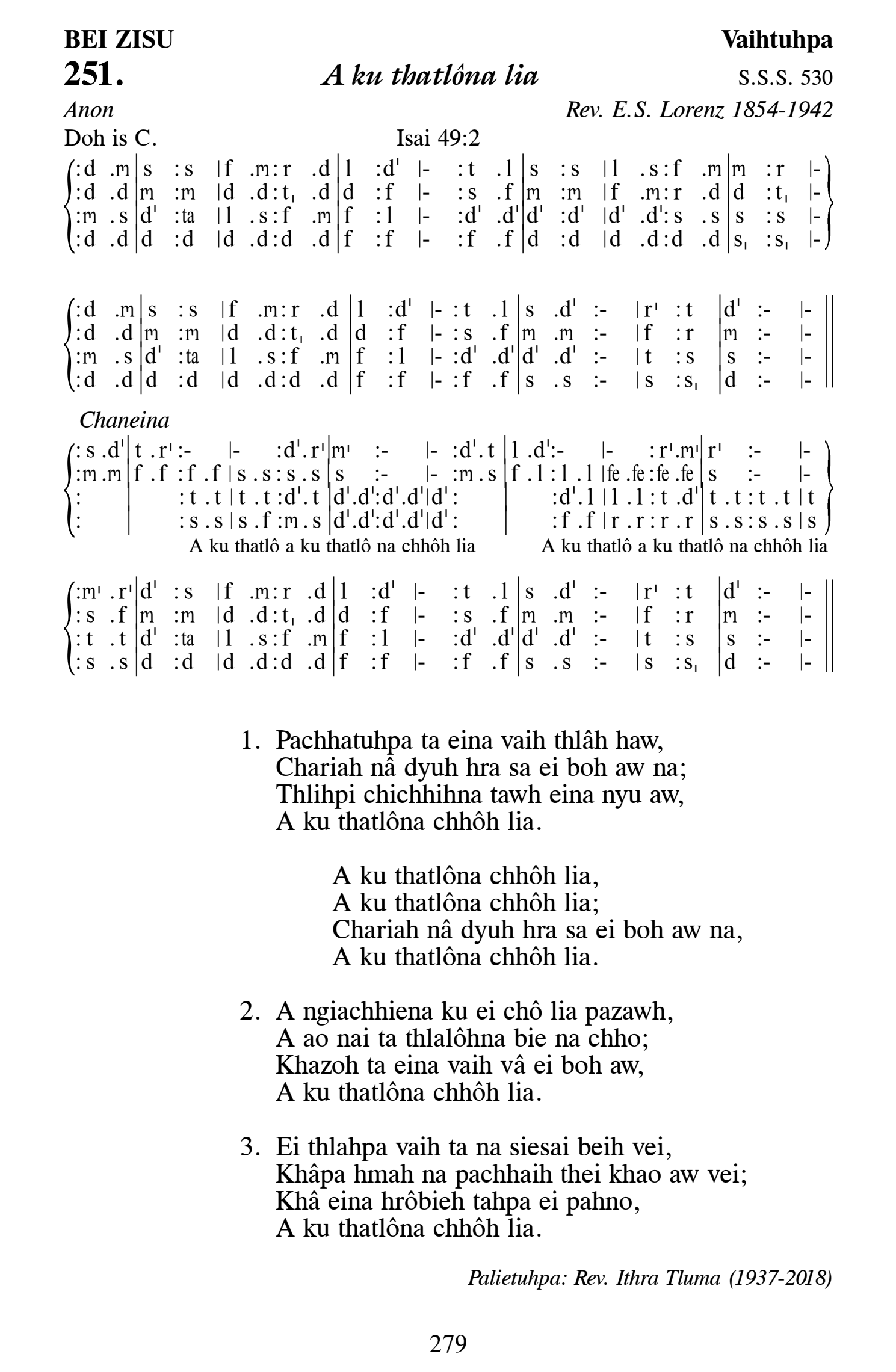 Hymn 251, “A ku thatlôna lia”, Edition 13
