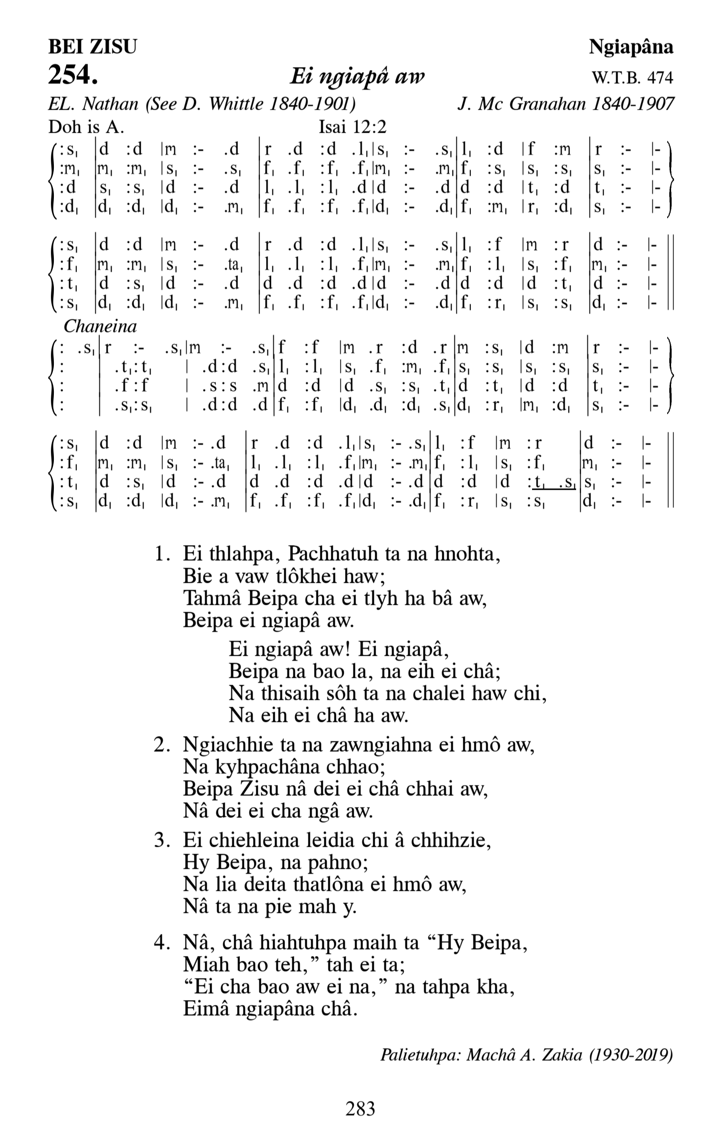 Hymn 254, “Ei ngiapâ aw”, Edition 13