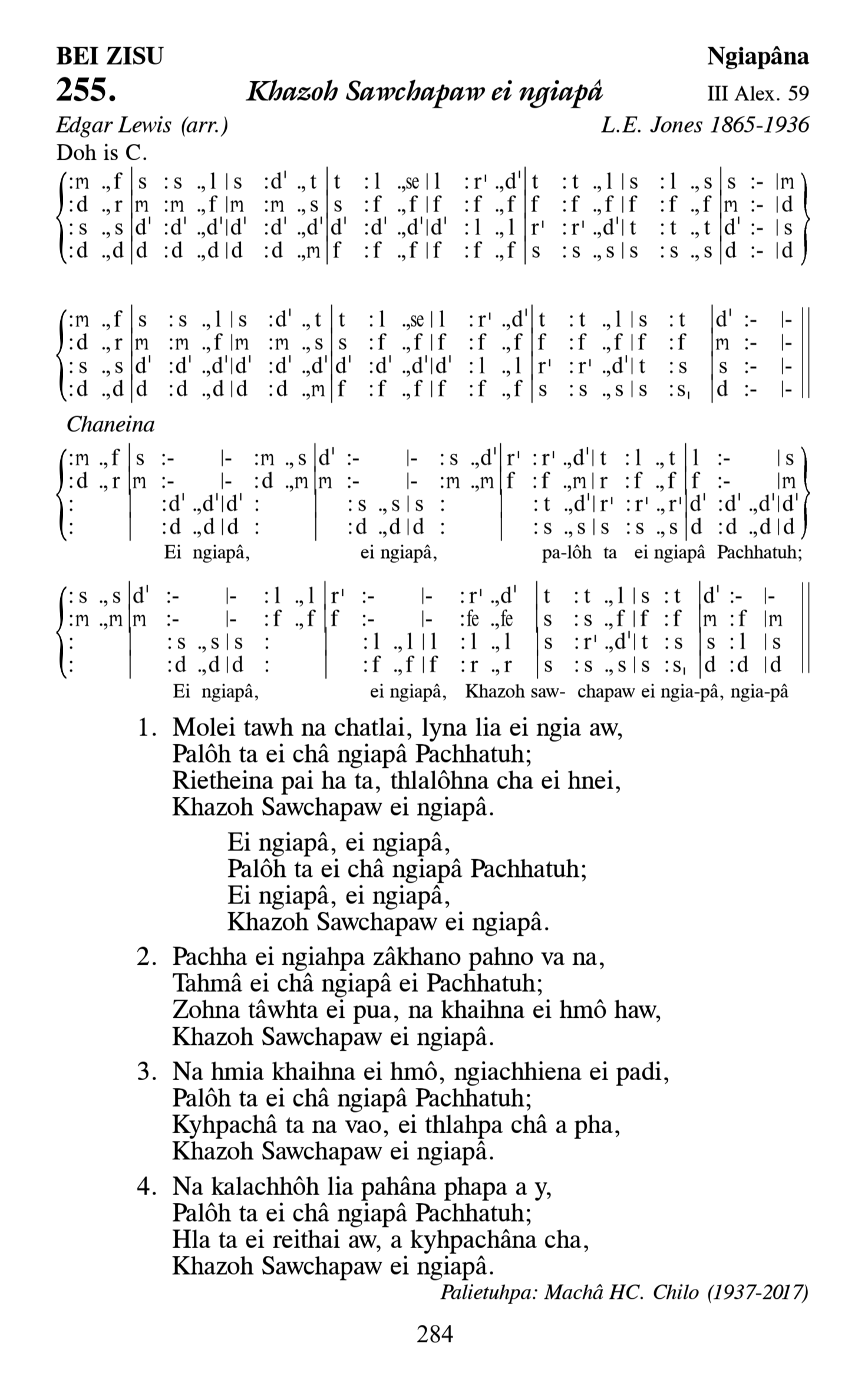 Hymn 255, “Khazoh Sawchapaw ei ngiapâ”, Edition 13