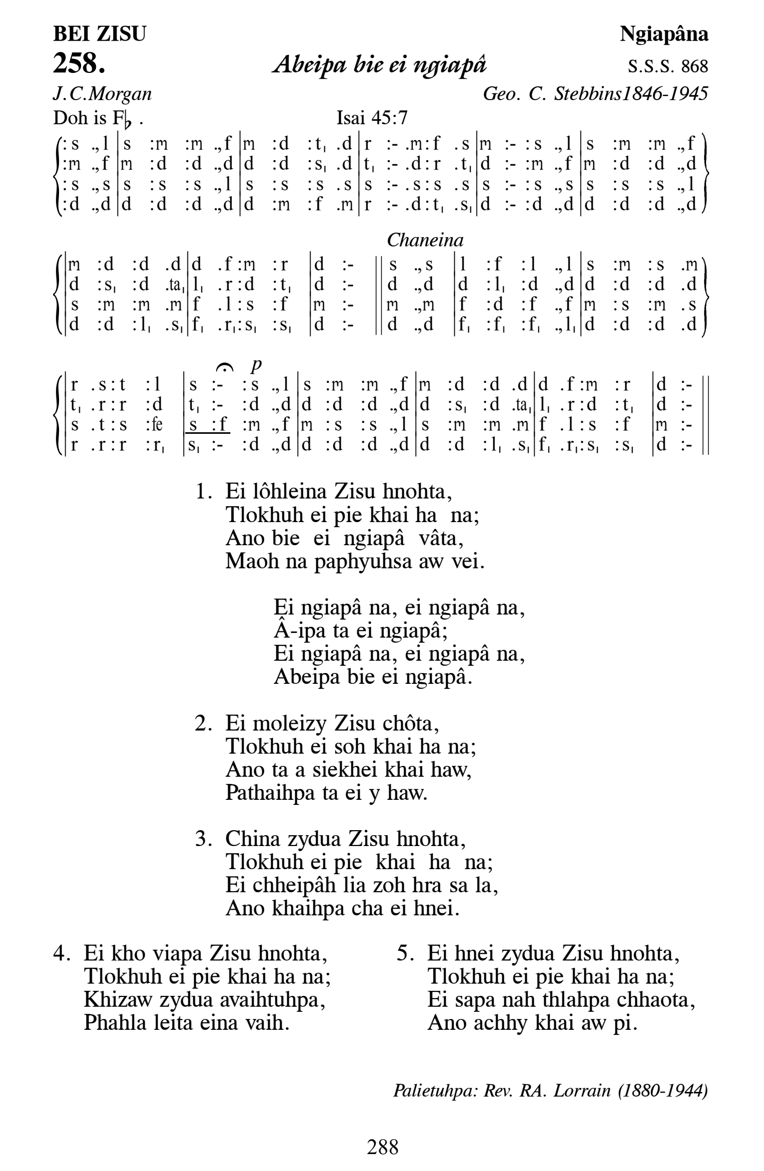 Hymn 258, “Abeipa bie ei ngiapâ”, Edition 13