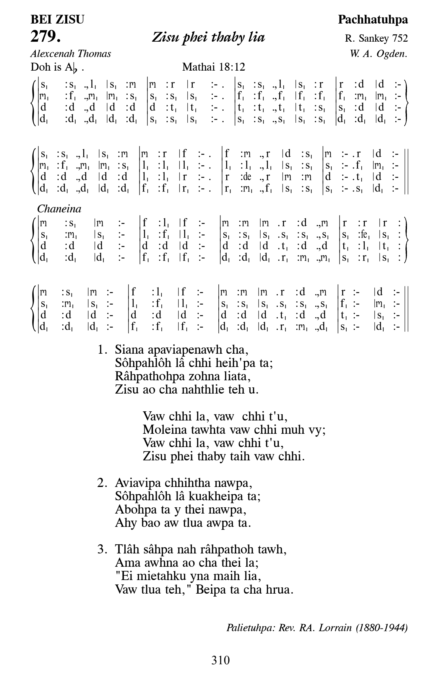Hymn 279, “Zisu phei thaby lia”, Edition 13