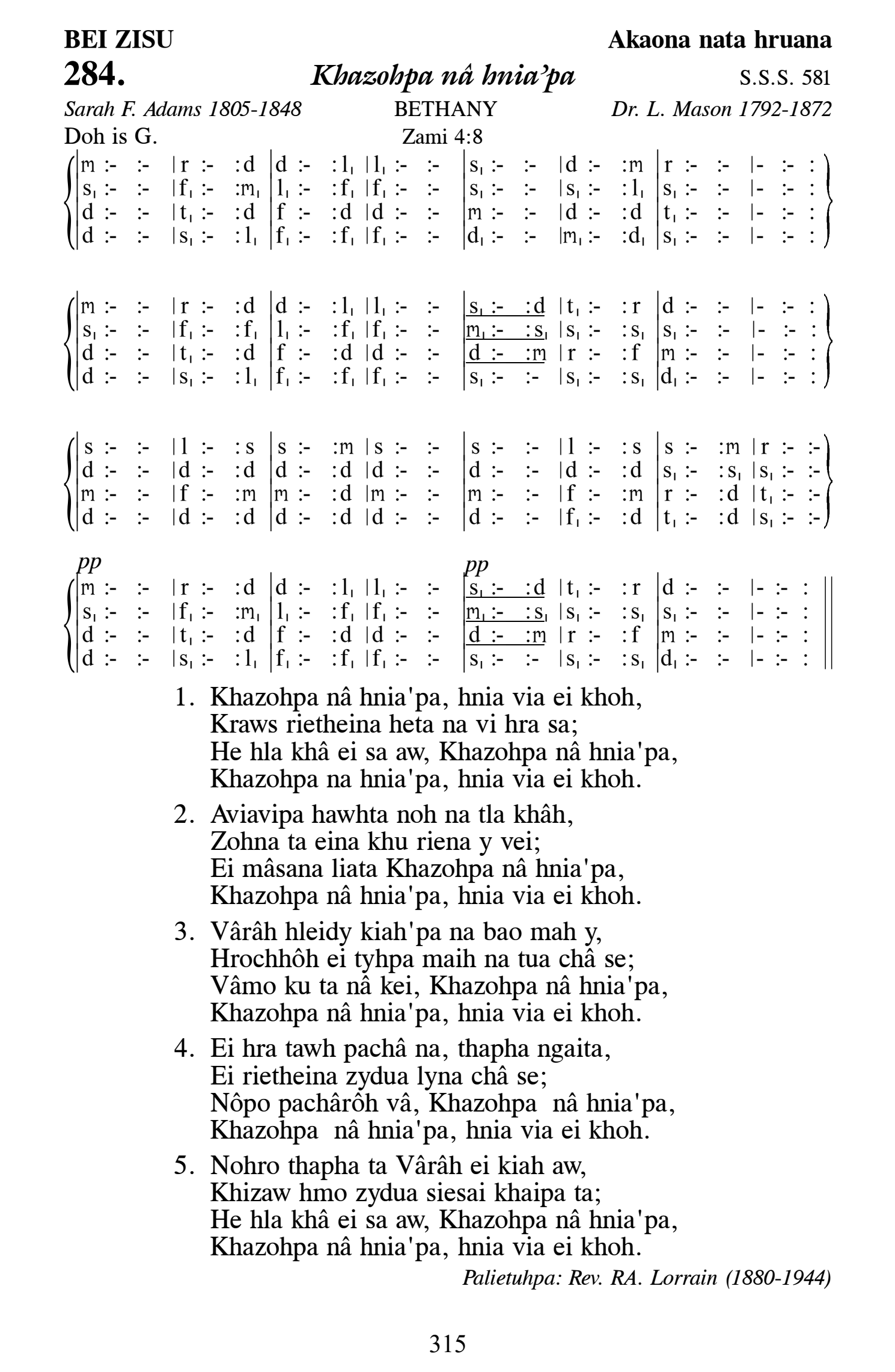 Hymn 284, “Khazohpa nâ hnia'pa”, Edition 13
