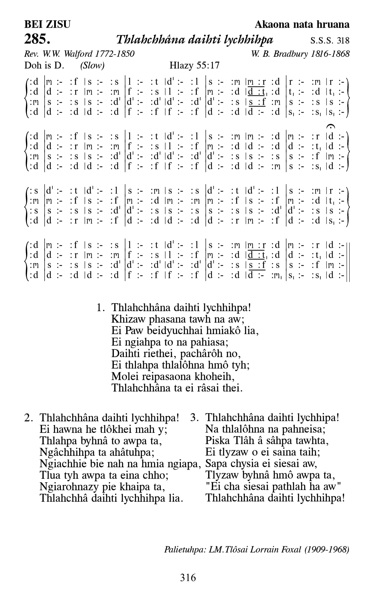 Hymn 285, “Thlahchhâna daihti lychhihpa”, Edition 13