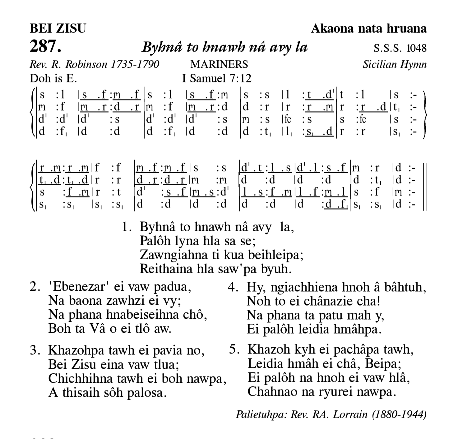 Hymn 287, “Byhnâ to hnawh nâ avy la”, Edition 13