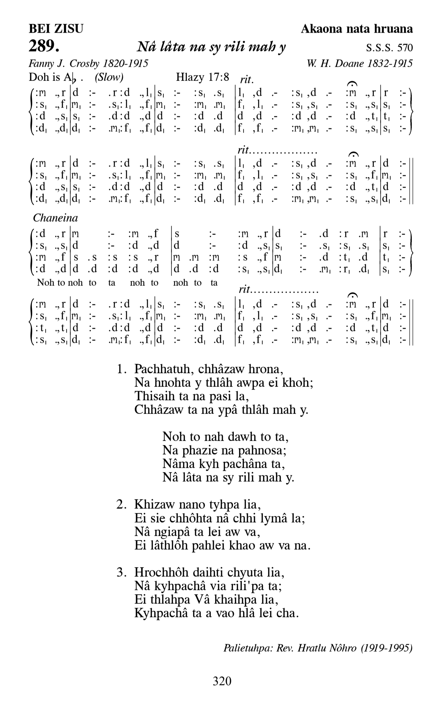 Hymn 289, “Nâ lâta na sy rili mah y”, Edition 13