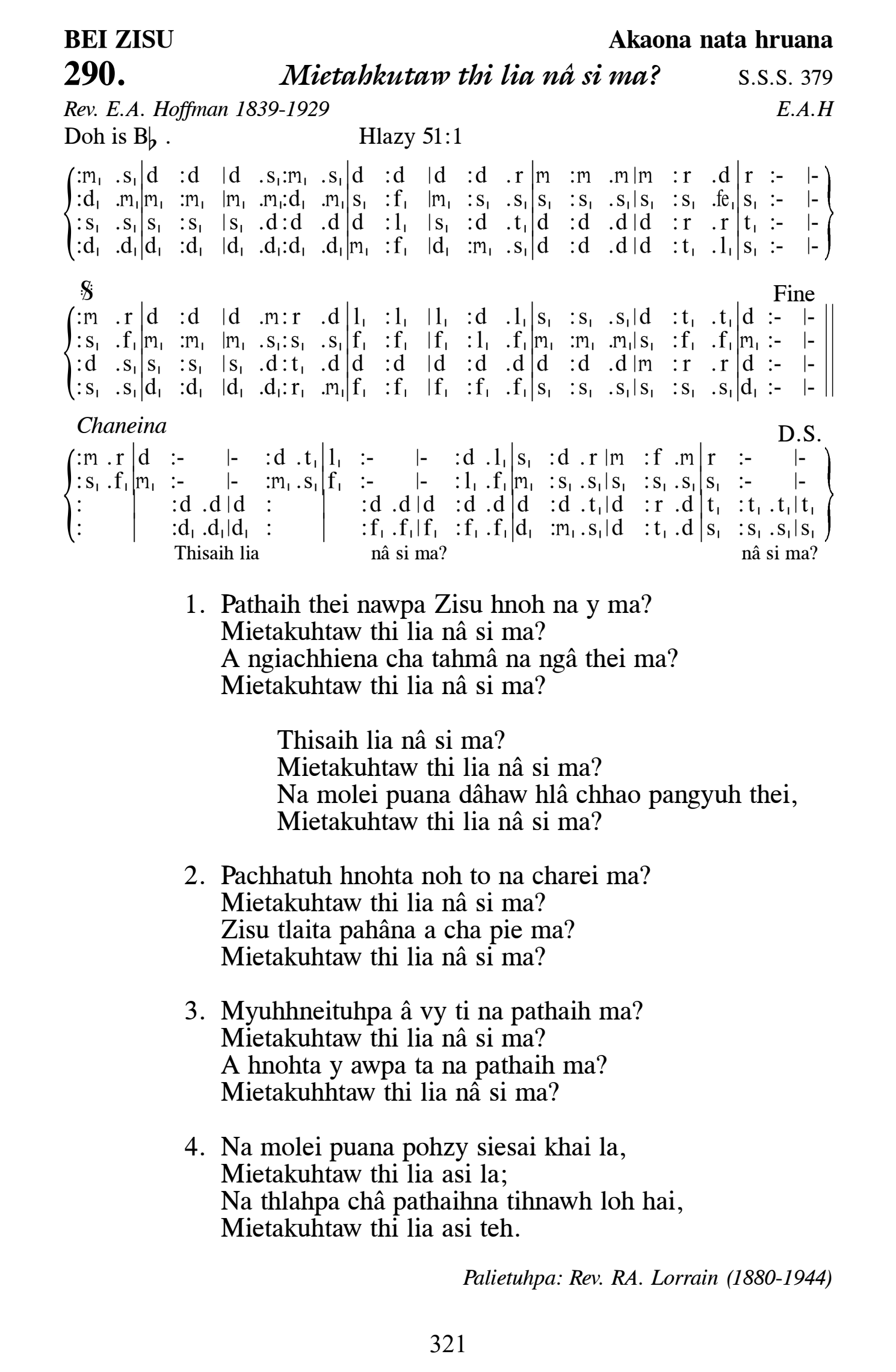 Hymn 290, “Mietahkutaw thi lia nâ si ma?”, Edition 13