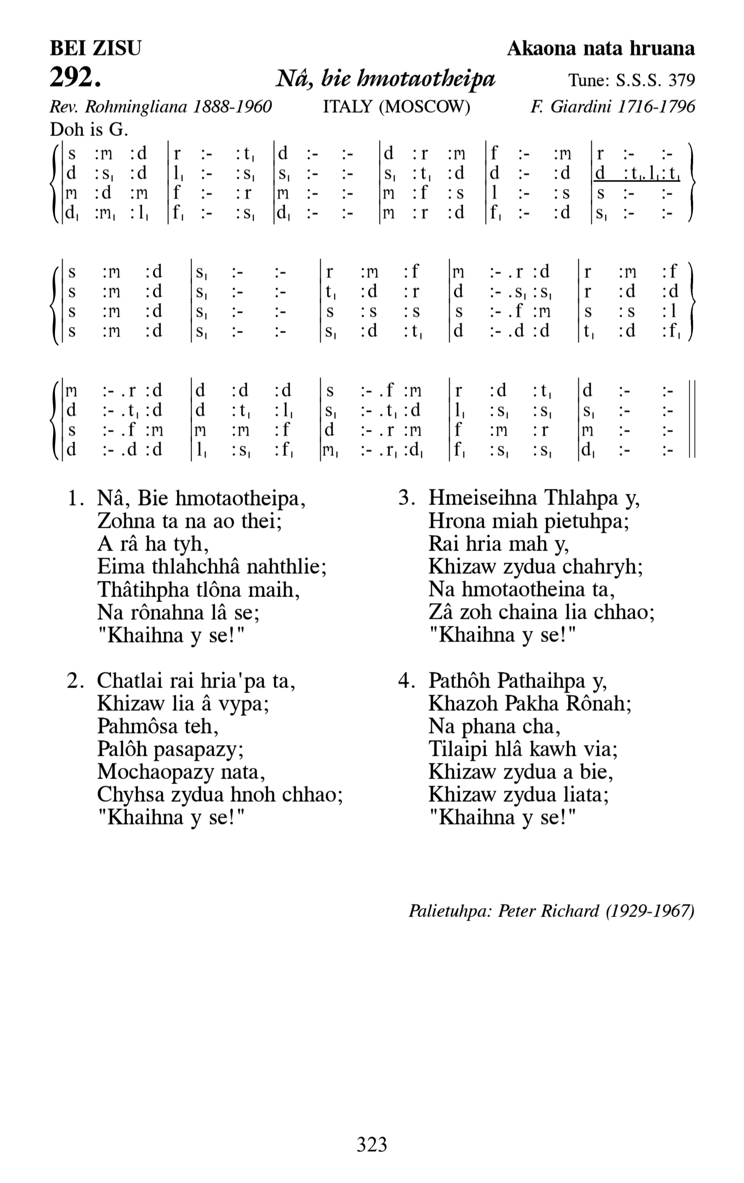 Hymn 292, “Nâ, bie hmotaotheipa”, Edition 13