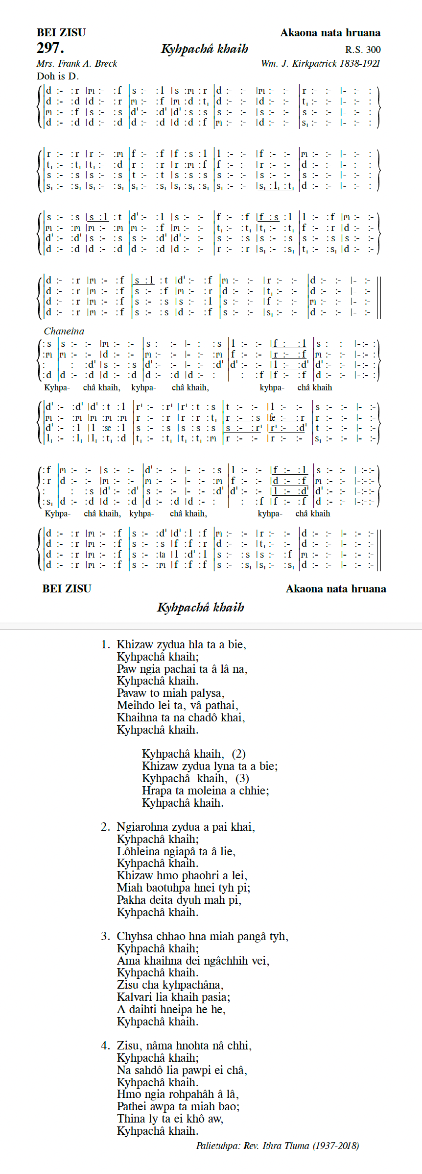 Hymn 297, “Kyhpachâ khaih”, Edition 13