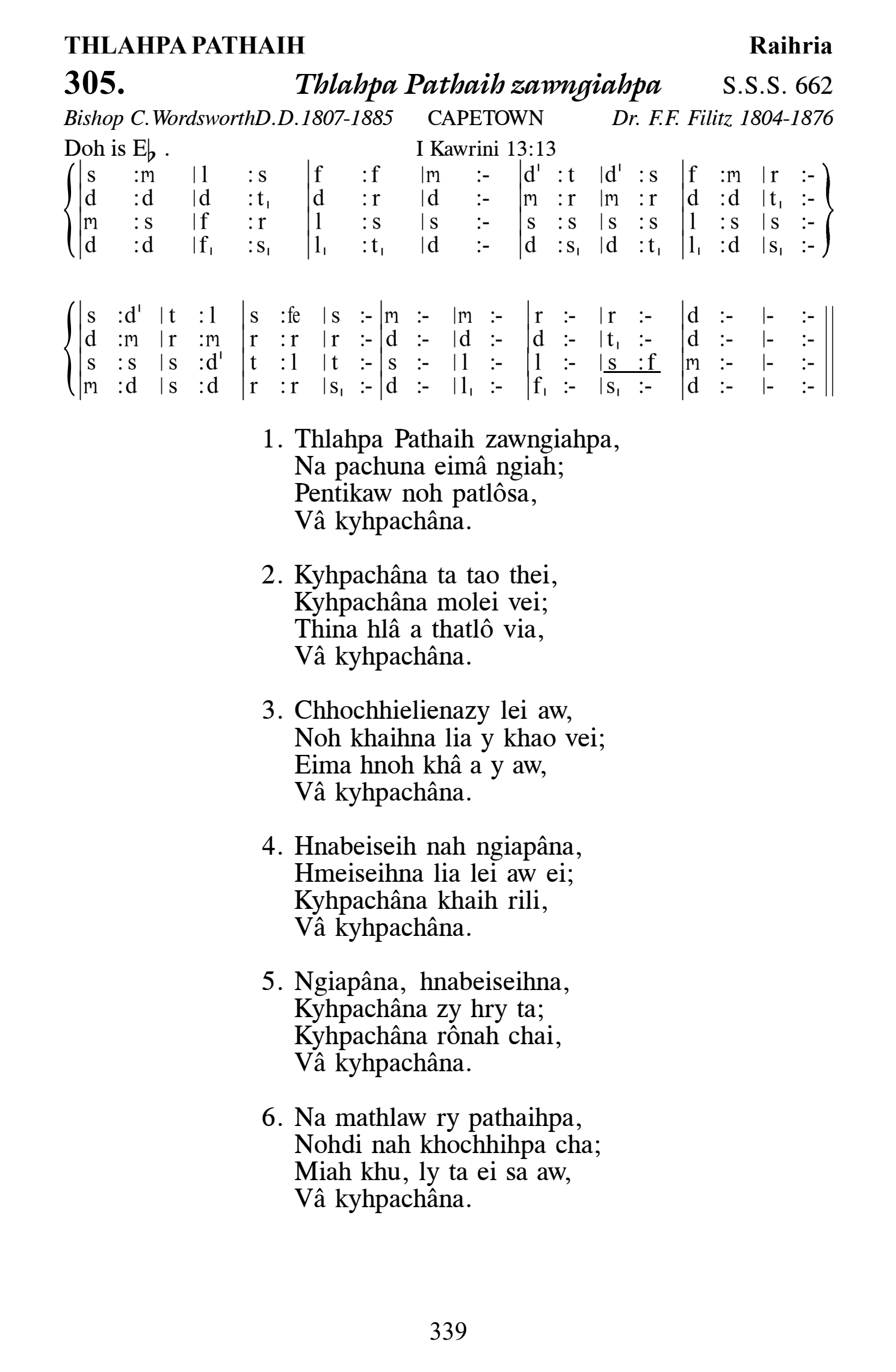 Hymn 305, “Thlahpa Pathaih zawngiahpa”, Edition 13