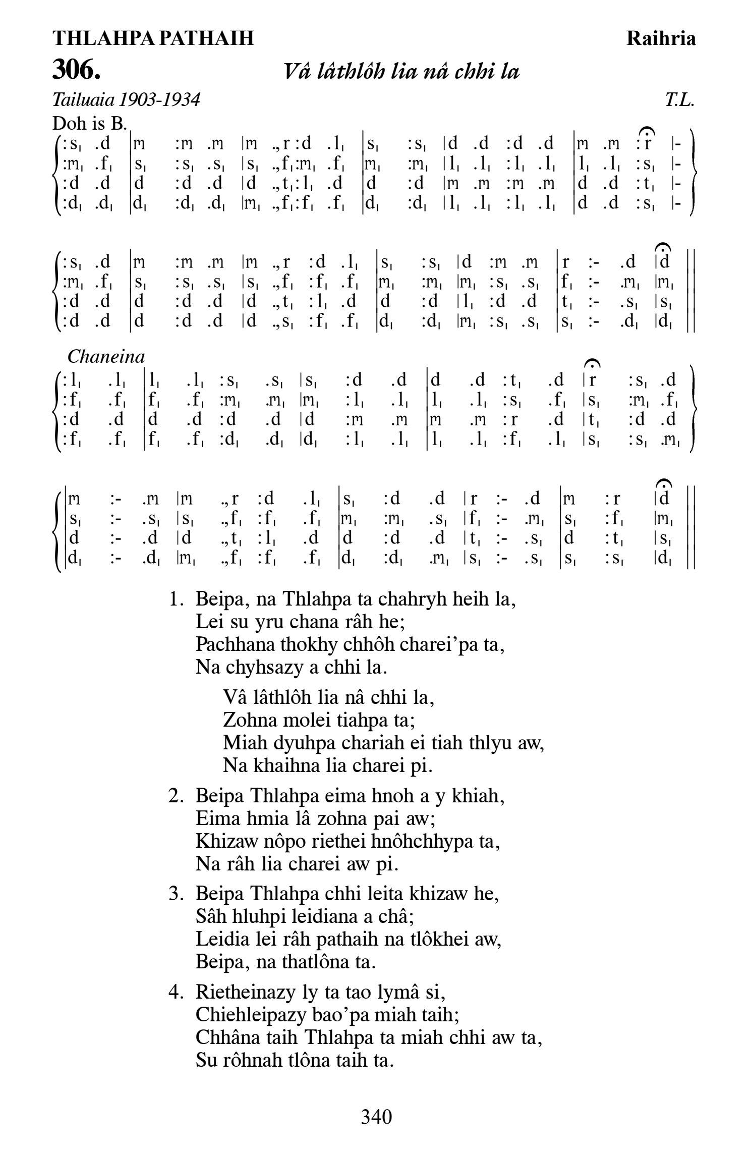 Hymn 306, “Vâ lâthlôh lia nâ chhi la”, Edition 13