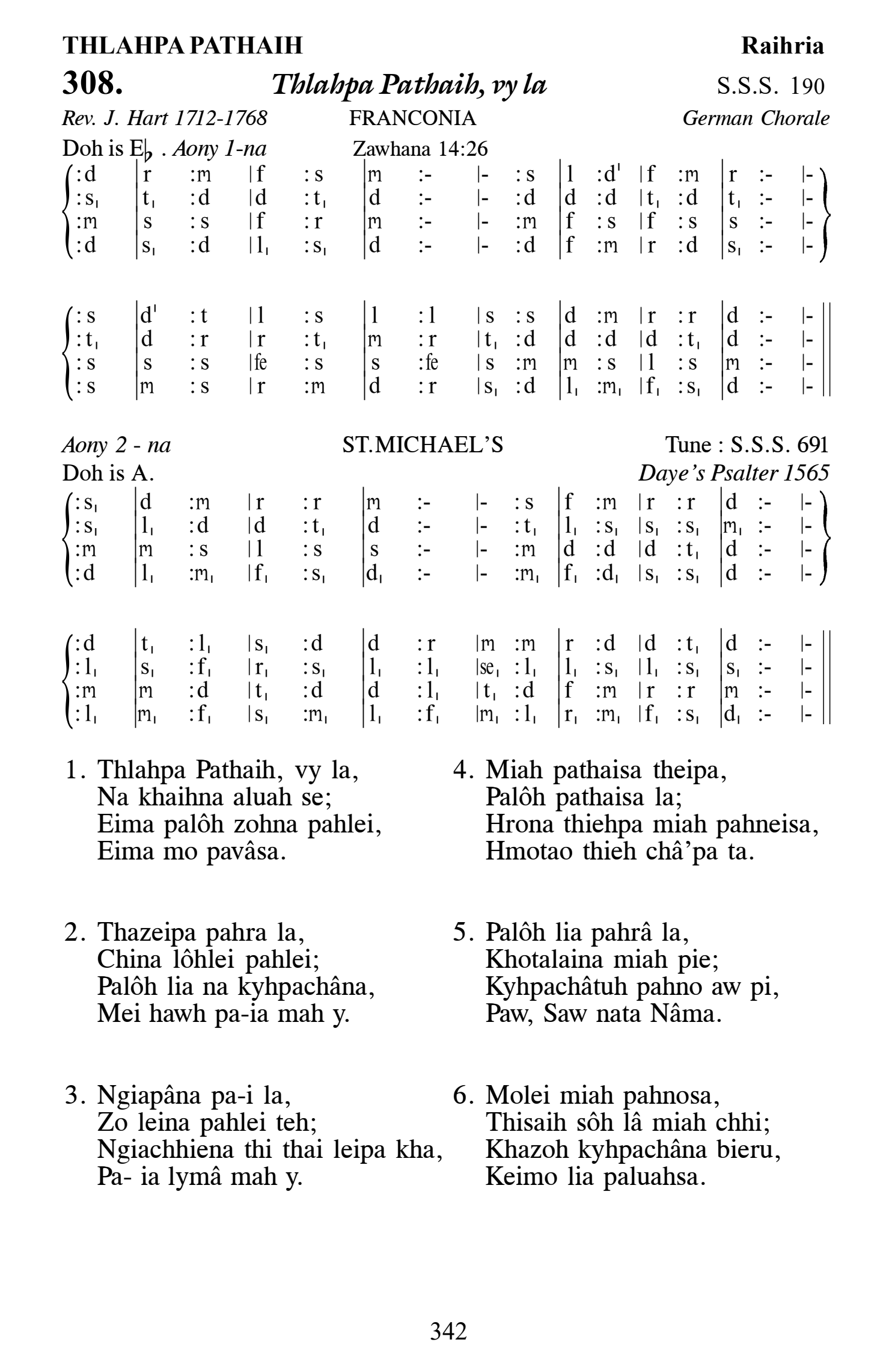 Hymn 308, “Thlahpa Pathaih, vy la”, Edition 13