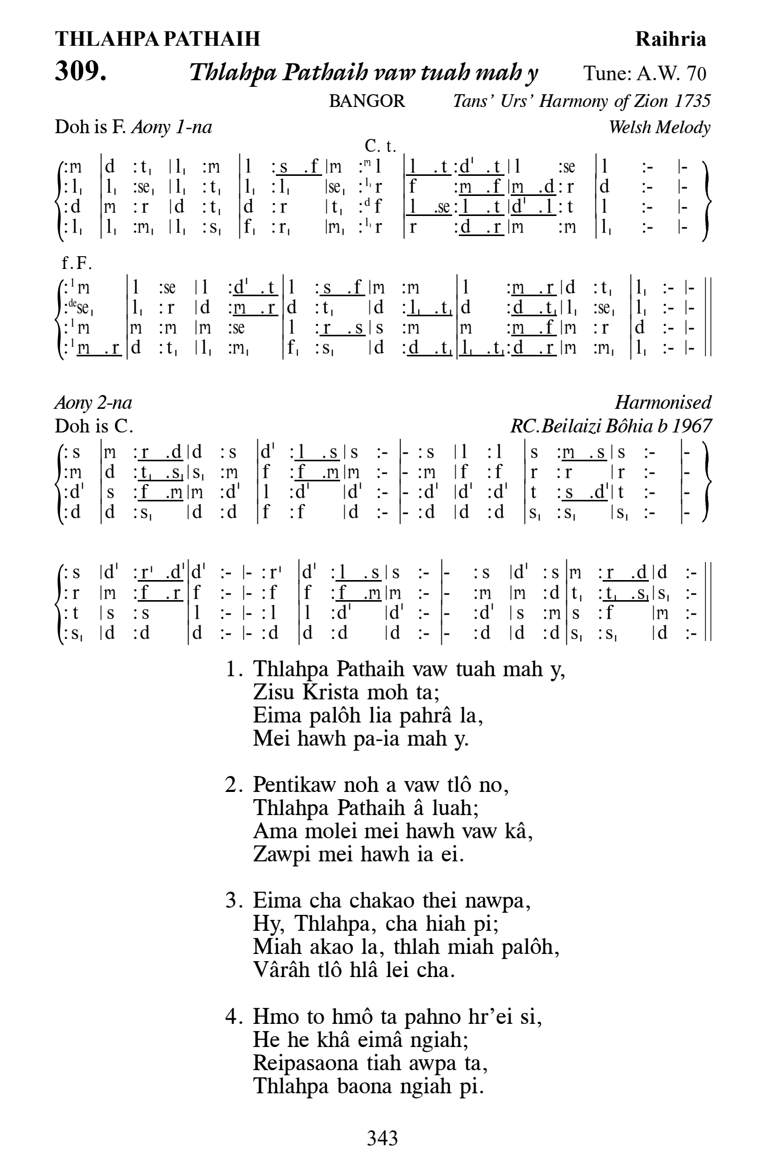 Hymn 309, “Thlahpa Pathaih vaw tuah mah y”, Edition 13