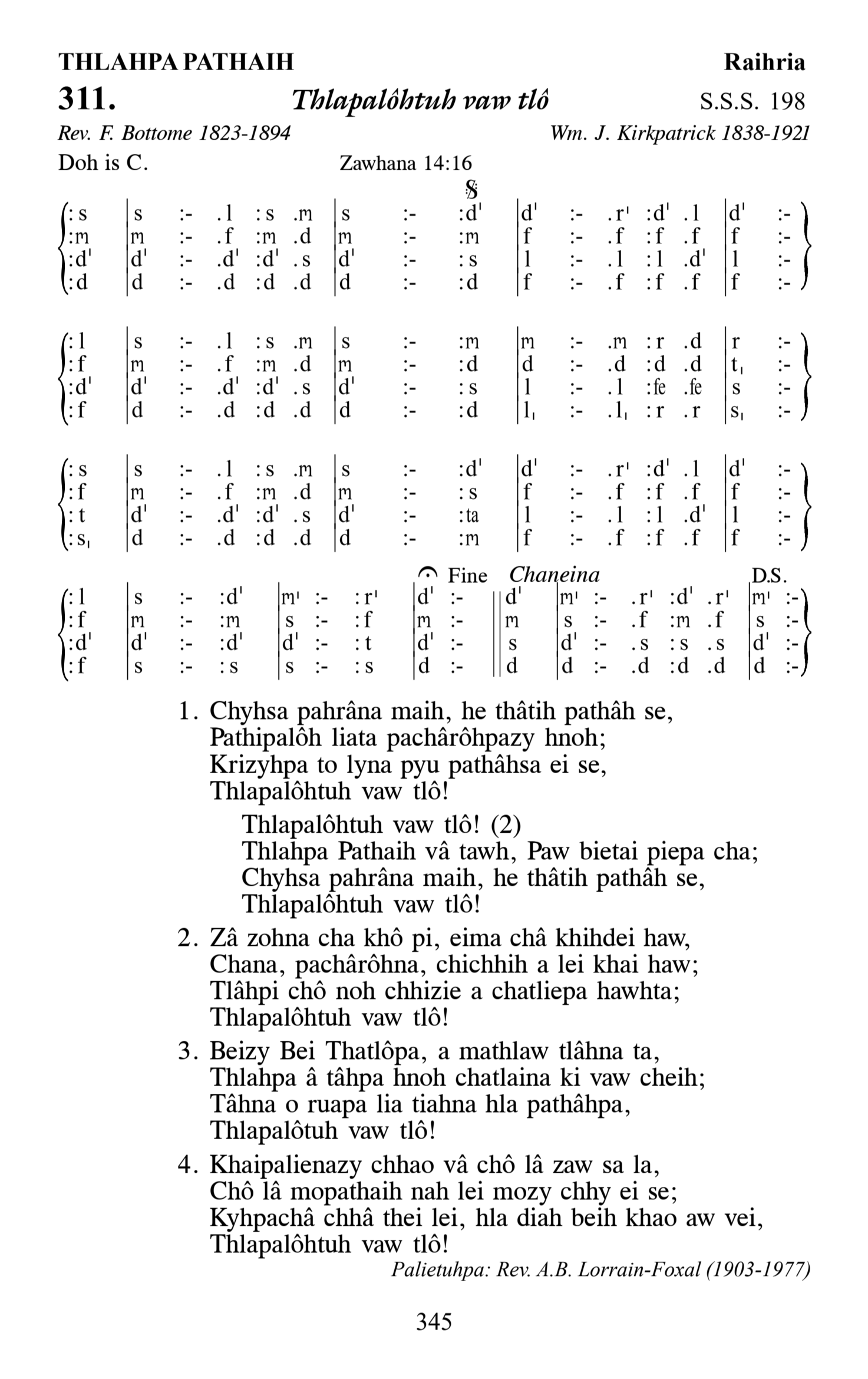 Hymn 311, “Thlapalôhtuh vaw tlô”, Edition 13
