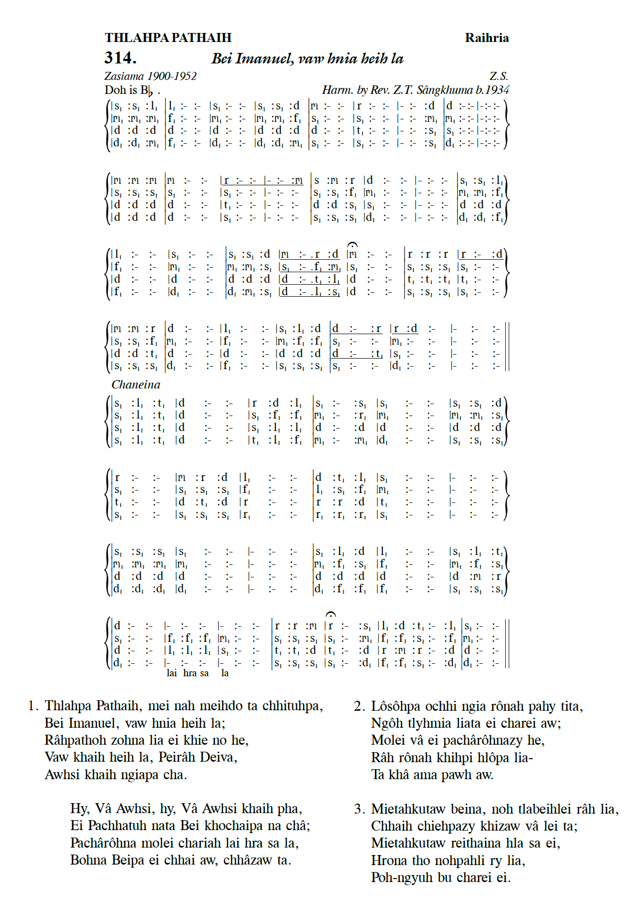 Hymn 314, “Bei Imanuel, vaw hnia heih la”, Edition 13