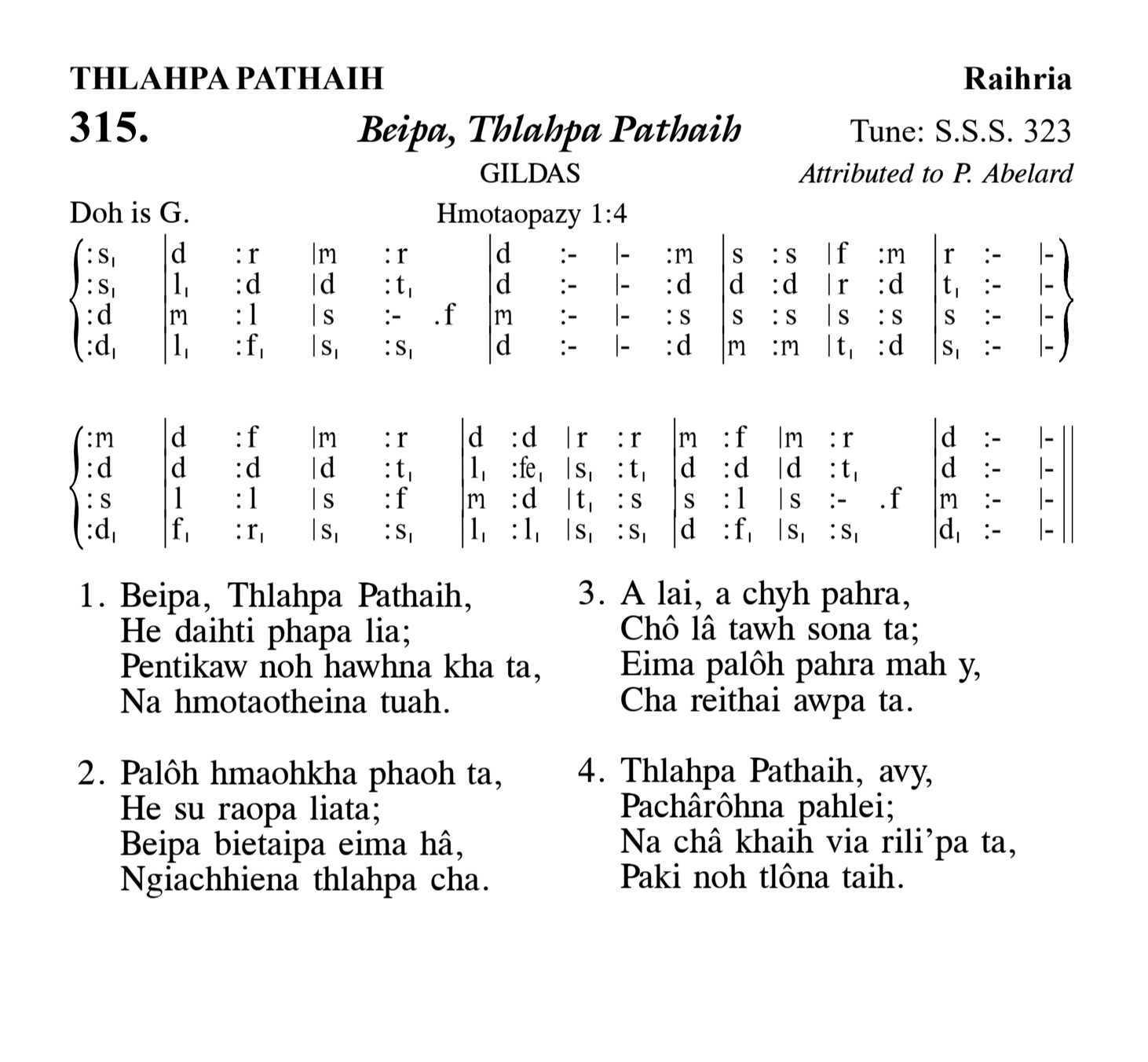 Hymn 315, “Beipa, Thlahpa Pathaih”, Edition 13