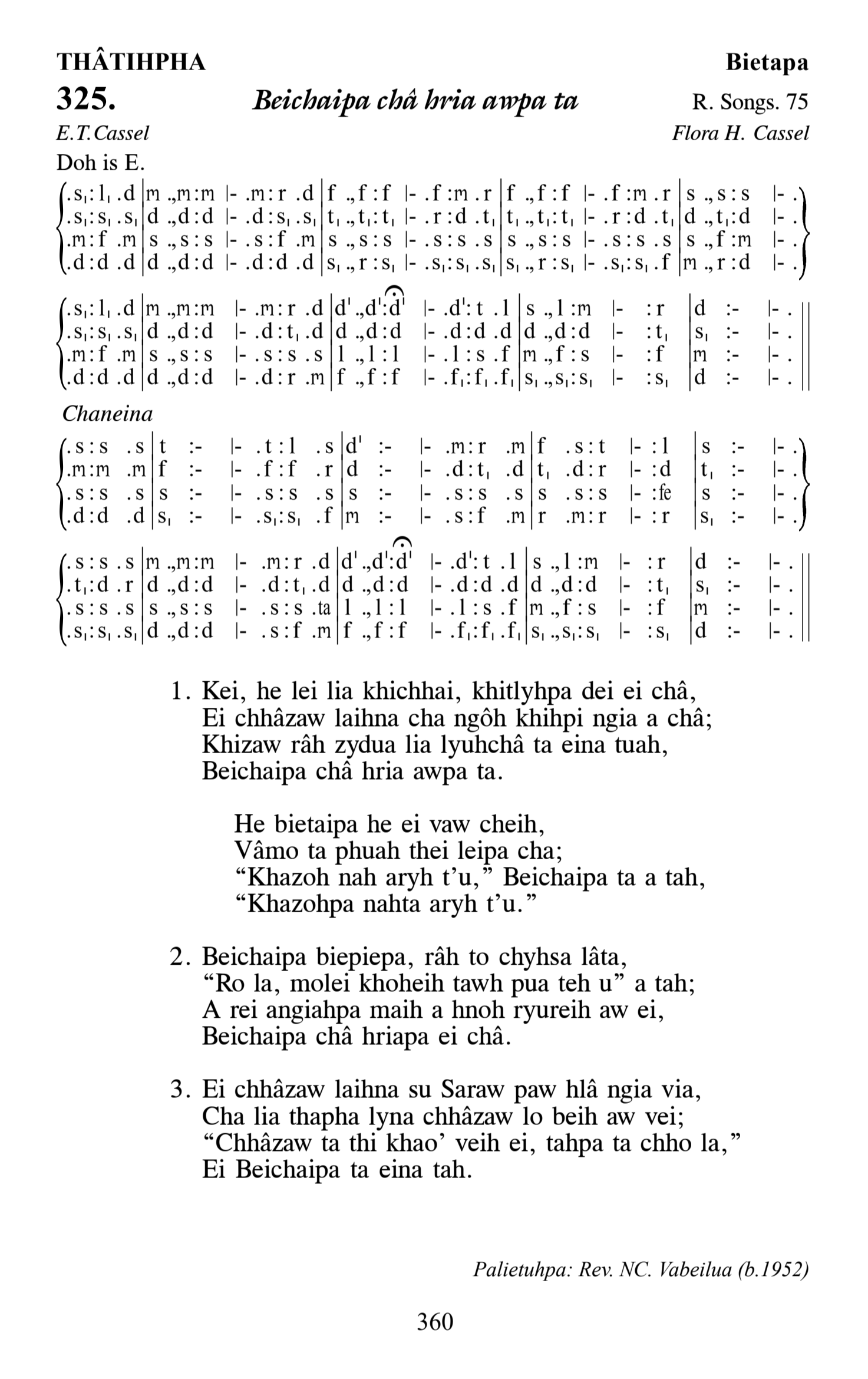 Hymn 325, “Beichaipa châ hria awpa ta”, Edition 13