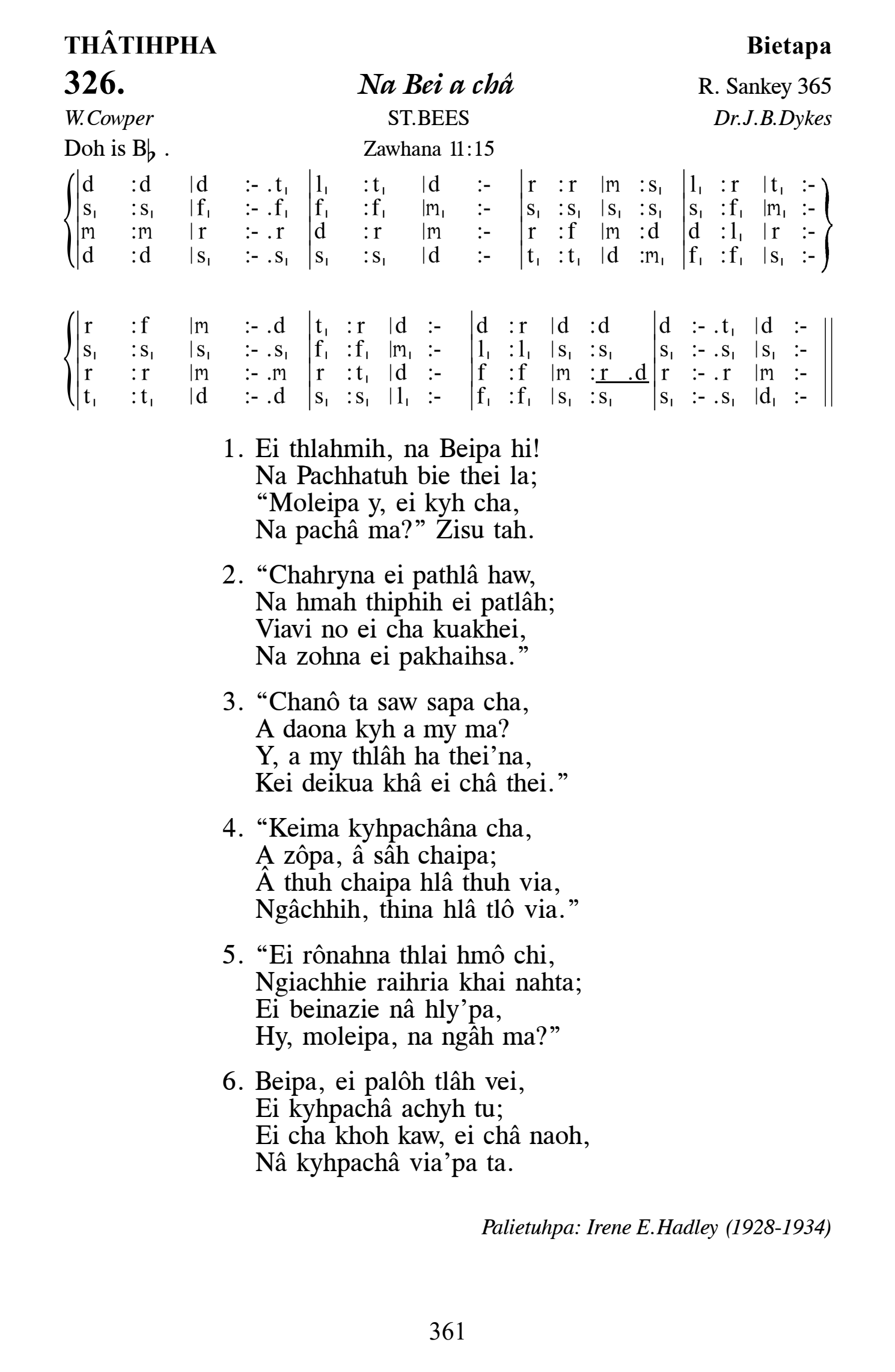 Hymn 326, “Na Bei a châ”, Edition 13