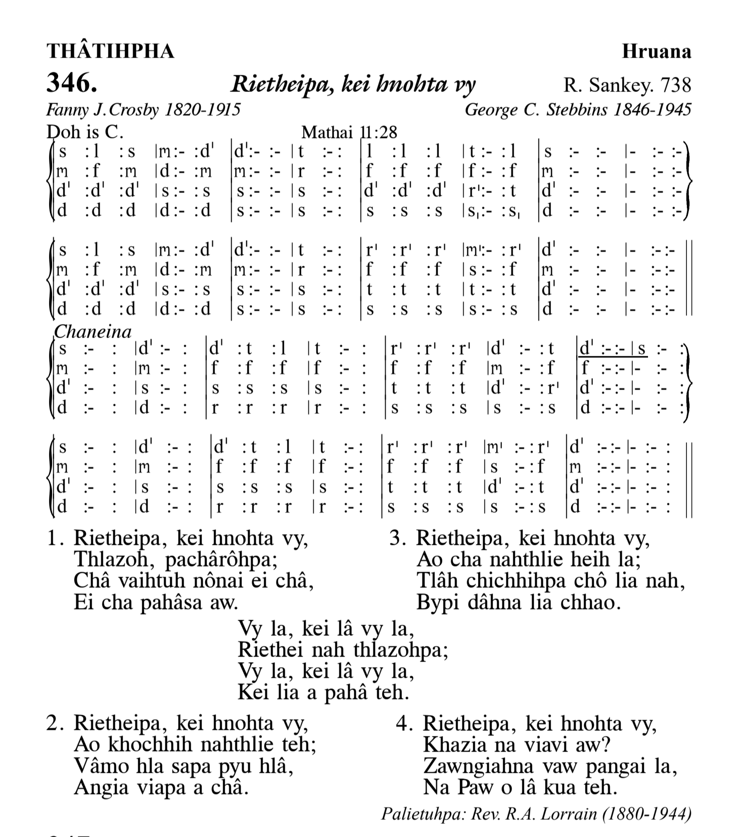 Hymn 346, “Rietheipa, kei hnohta vy”, Edition 13