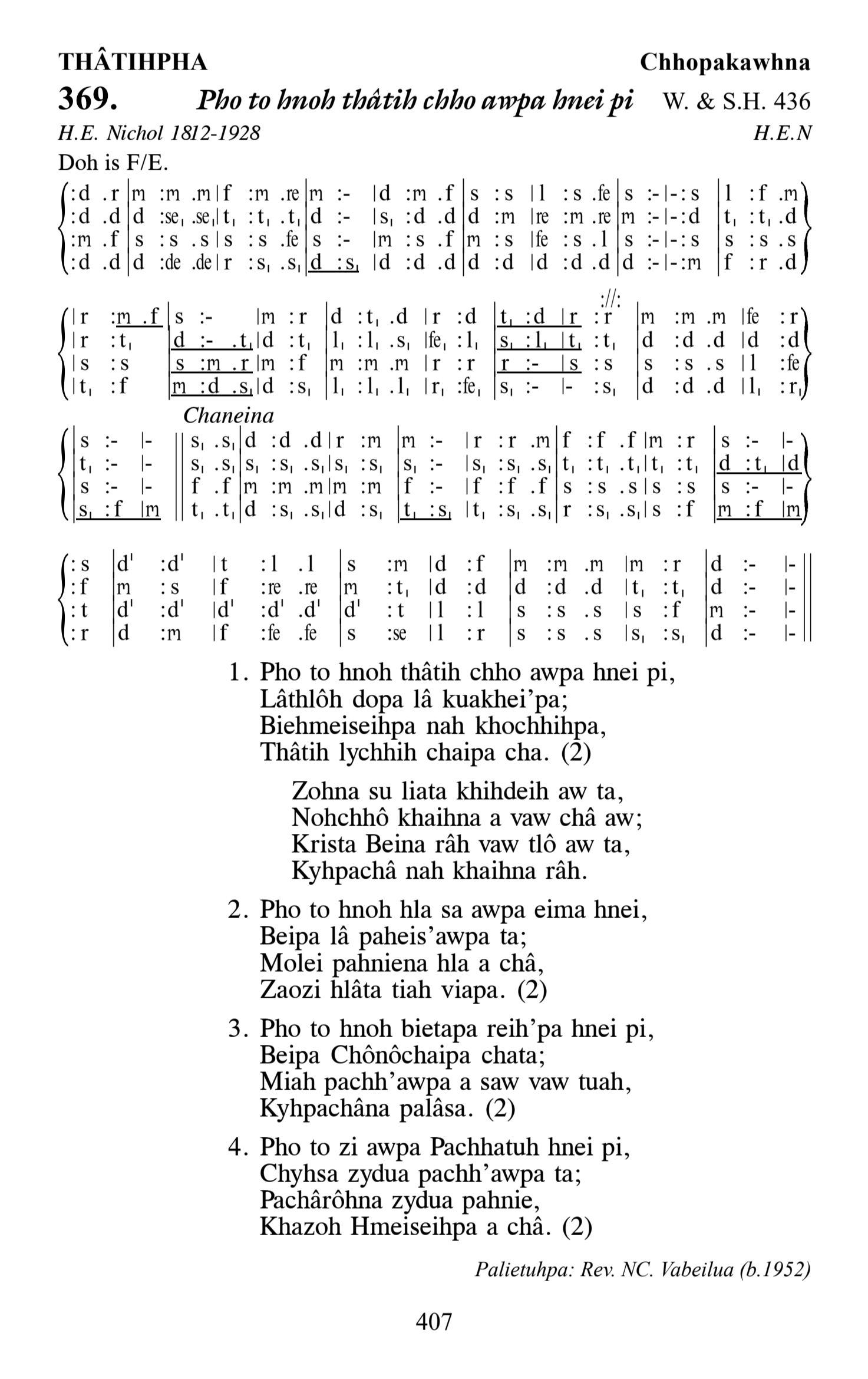 Hymn 369, “Pho to hnoh thâtih chho awpa hnei pi”, Edition 13