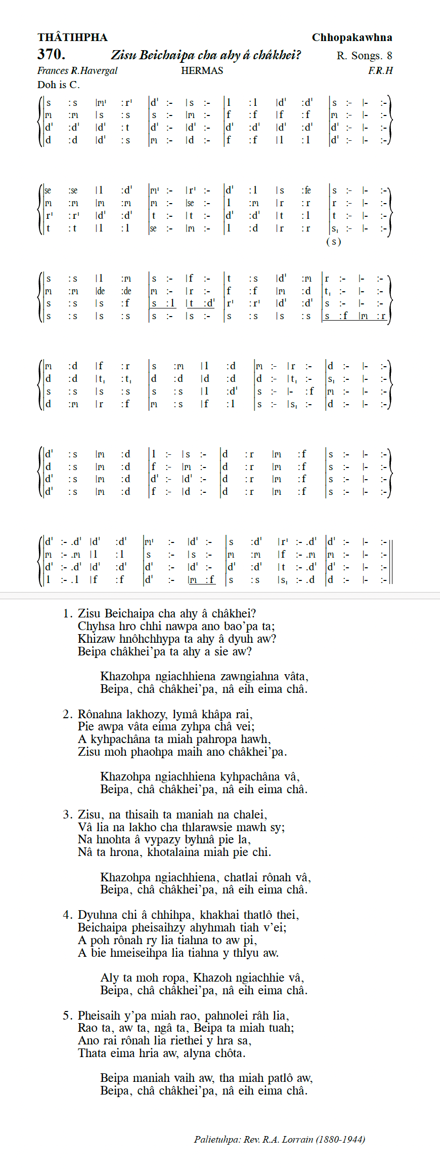 Hymn 370, “Zisu Beichaipa cha ahy â châkhei?”, Edition 13