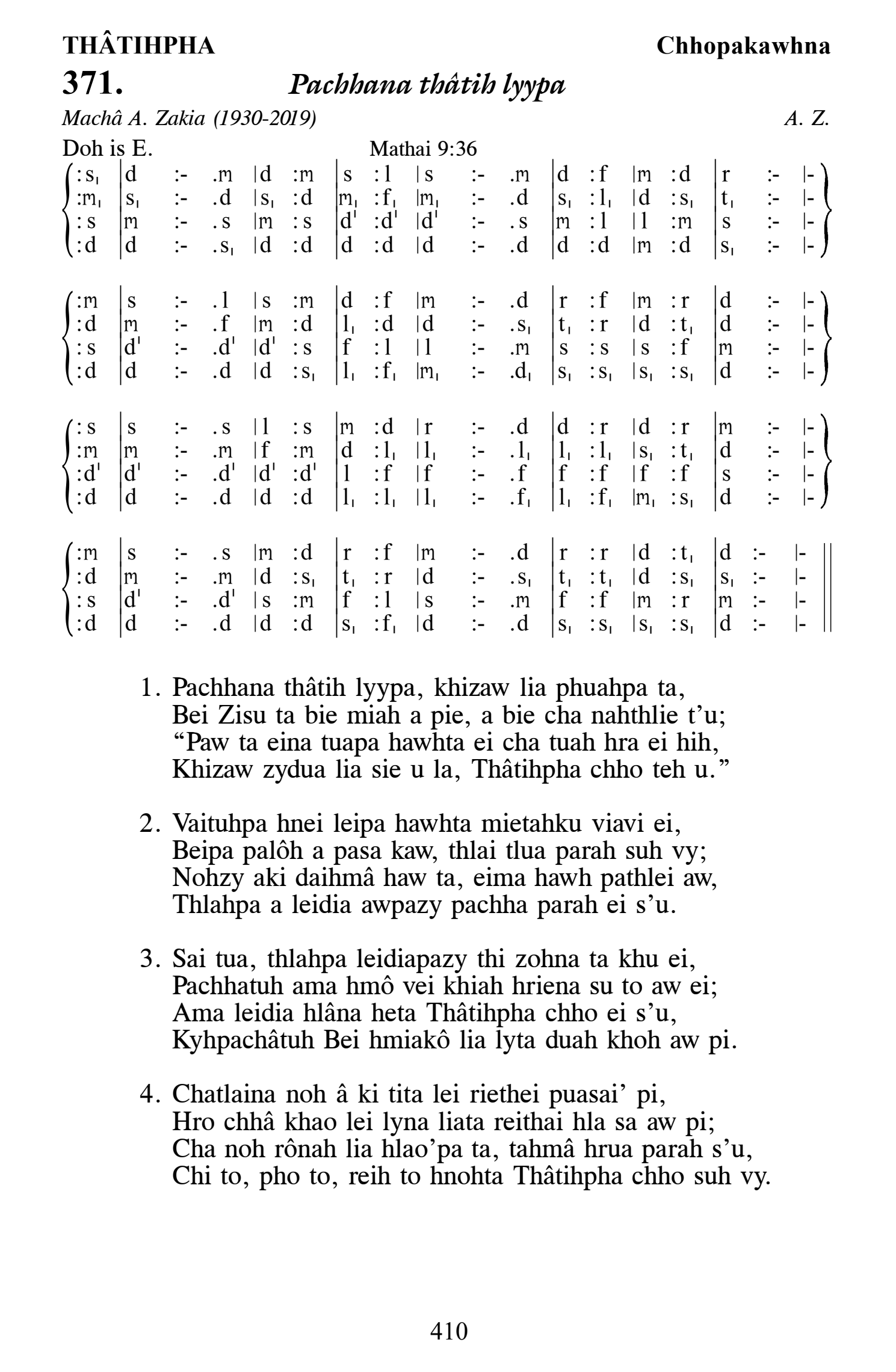 Hymn 371, “Pachhana thâtih lyypa”, Edition 13