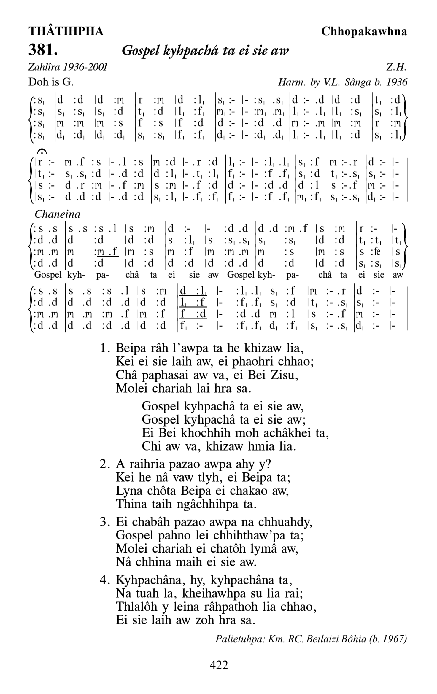Hymn 381, “Gospel kyhpachâ ta ei sie aw”, Edition 13