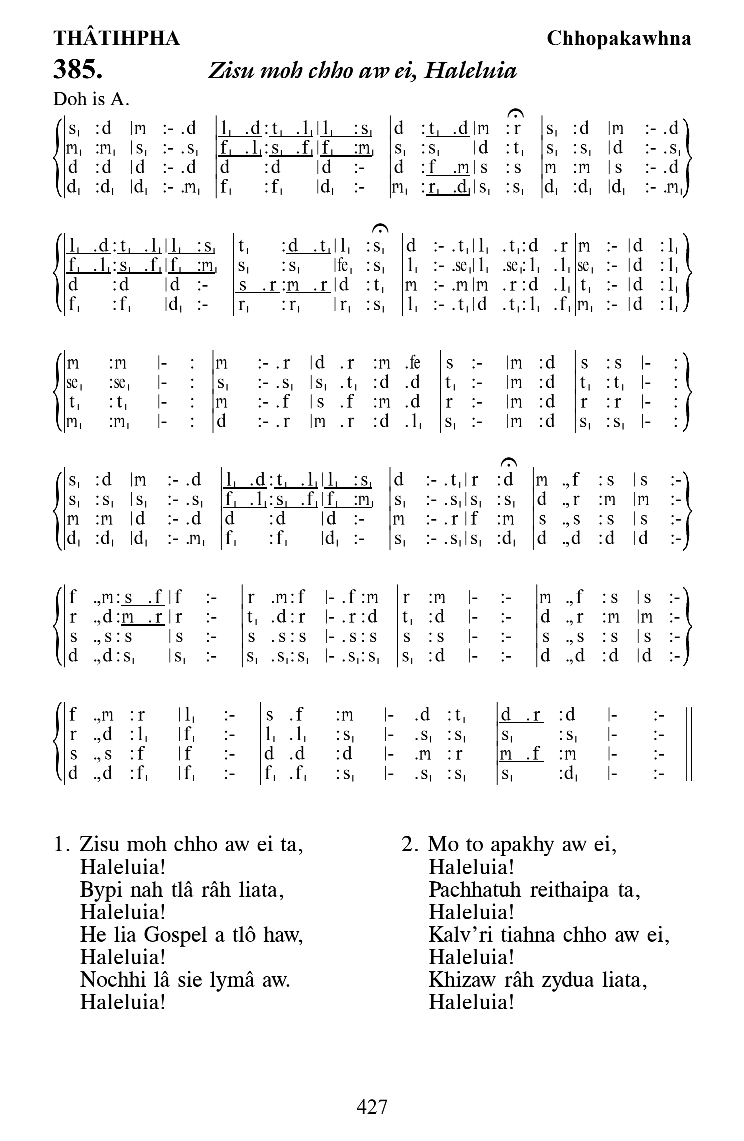 Hymn 385, “Zisu moh chho aw ei, Haleluia”, Edition 13