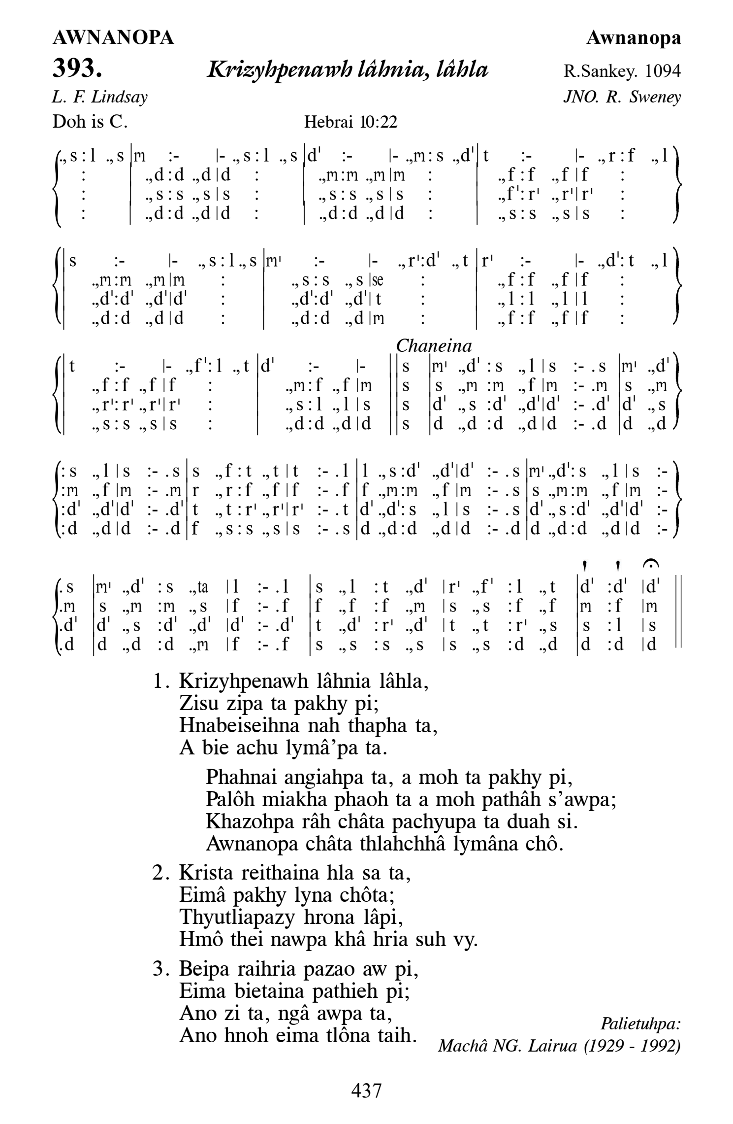 Hymn 393, “Krizyhpenawh lâhnia, lâhla”, Edition 13