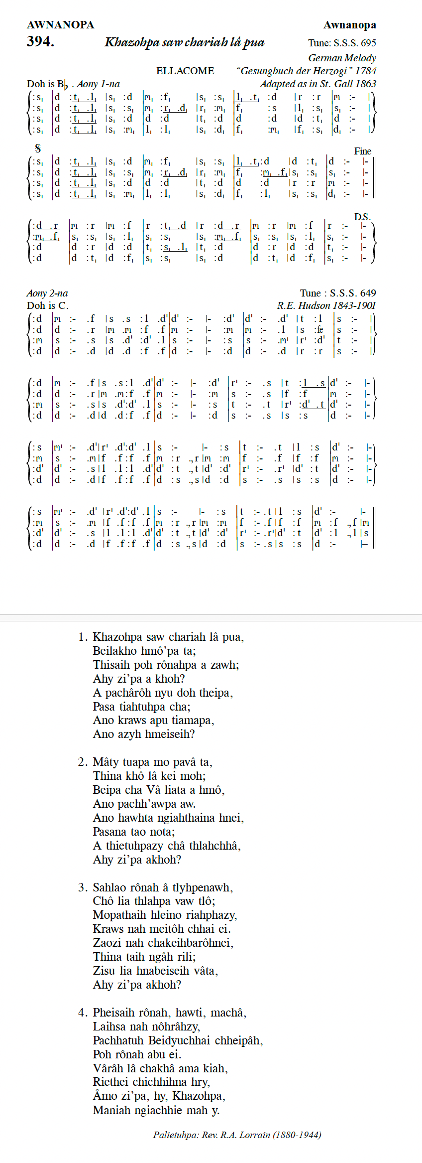 Hymn 394, “Khazohpa saw chariah lâ pua”, Edition 13