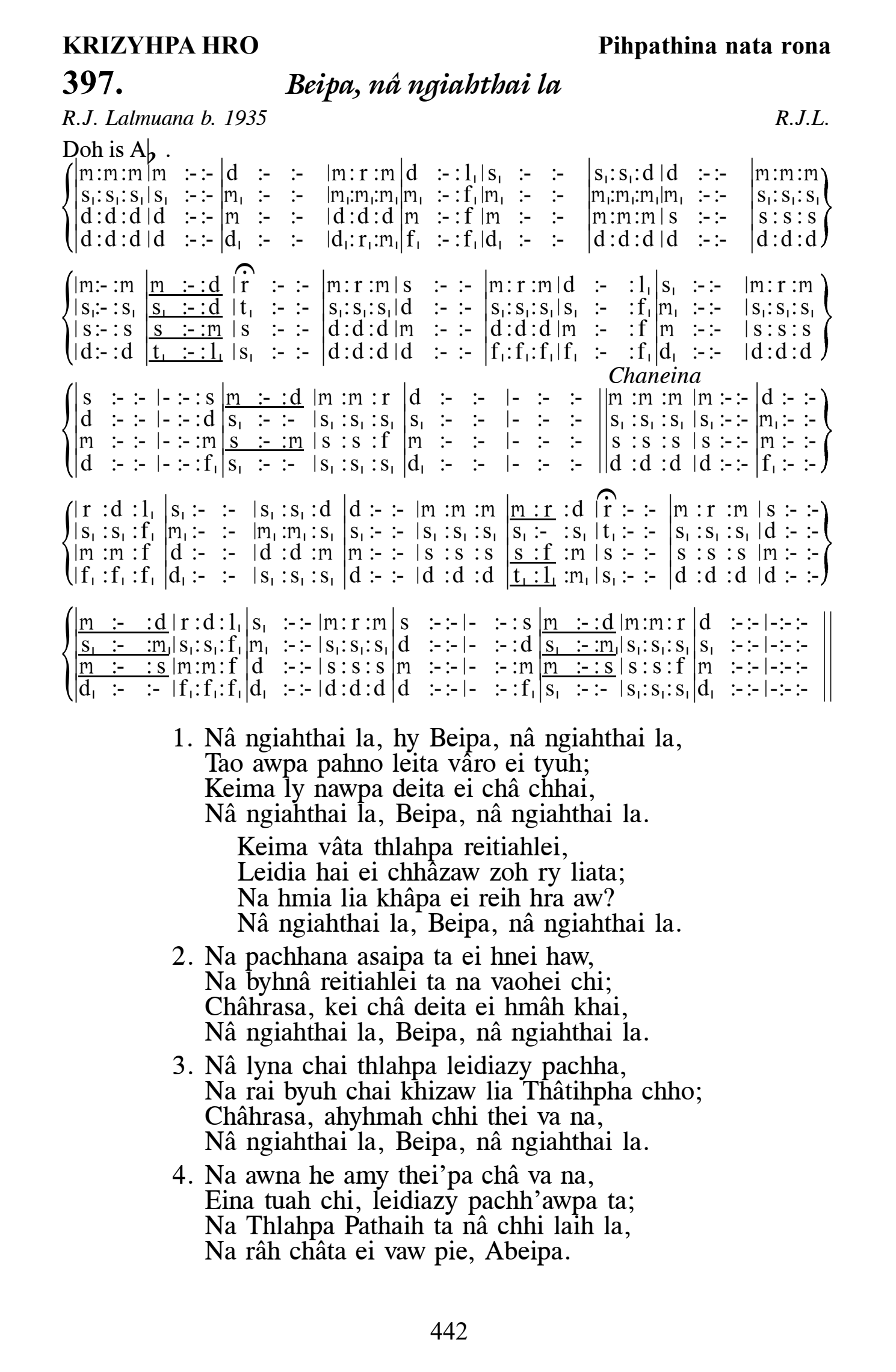 Hymn 397, “Beipa, nâ ngiahthai la”, Edition 13