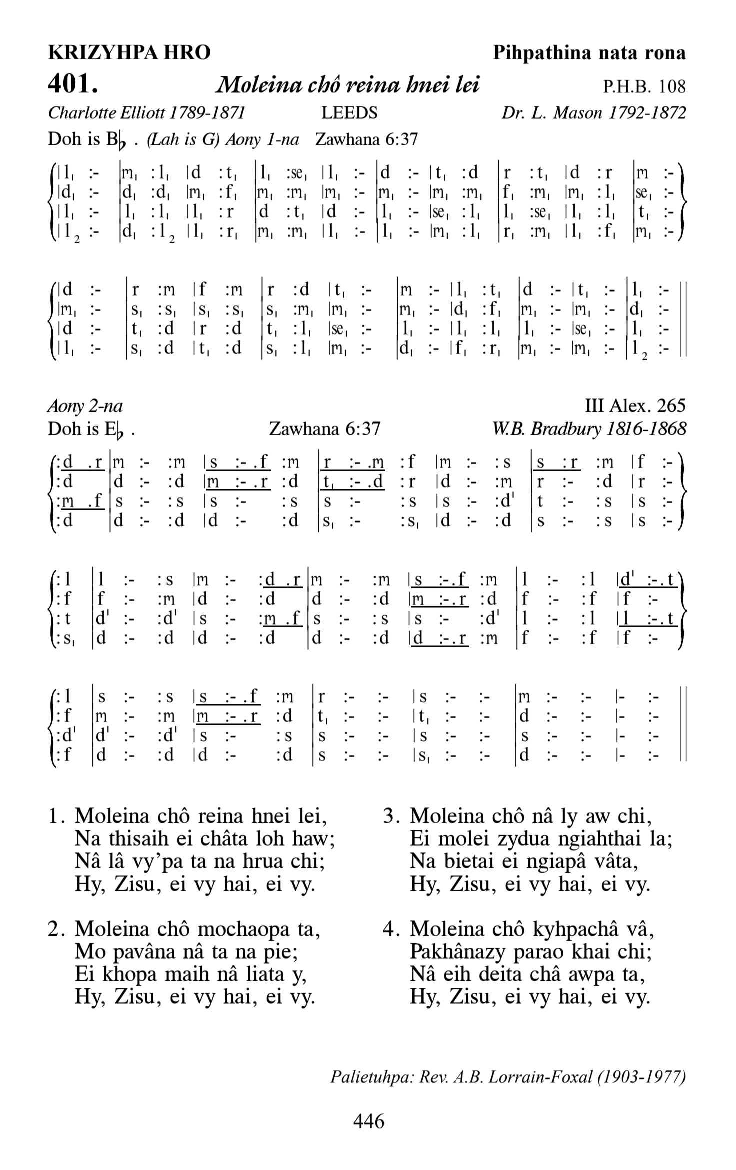 Hymn 401, “Moleina chô reina hnei lei”, Edition 13
