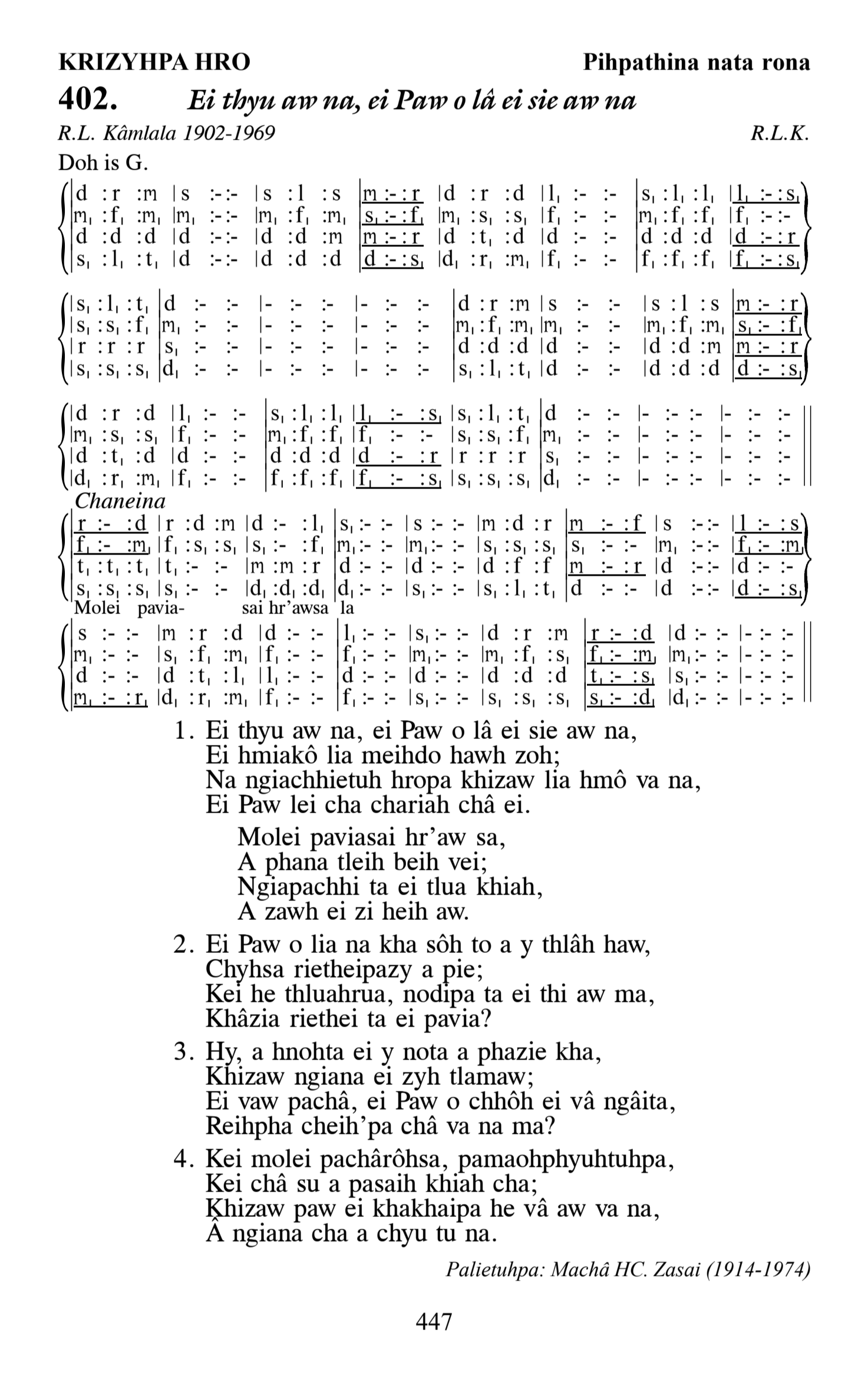Hymn 402, “Ei thyu aw na, ei Paw o lâ ei sie aw na”, Edition 13