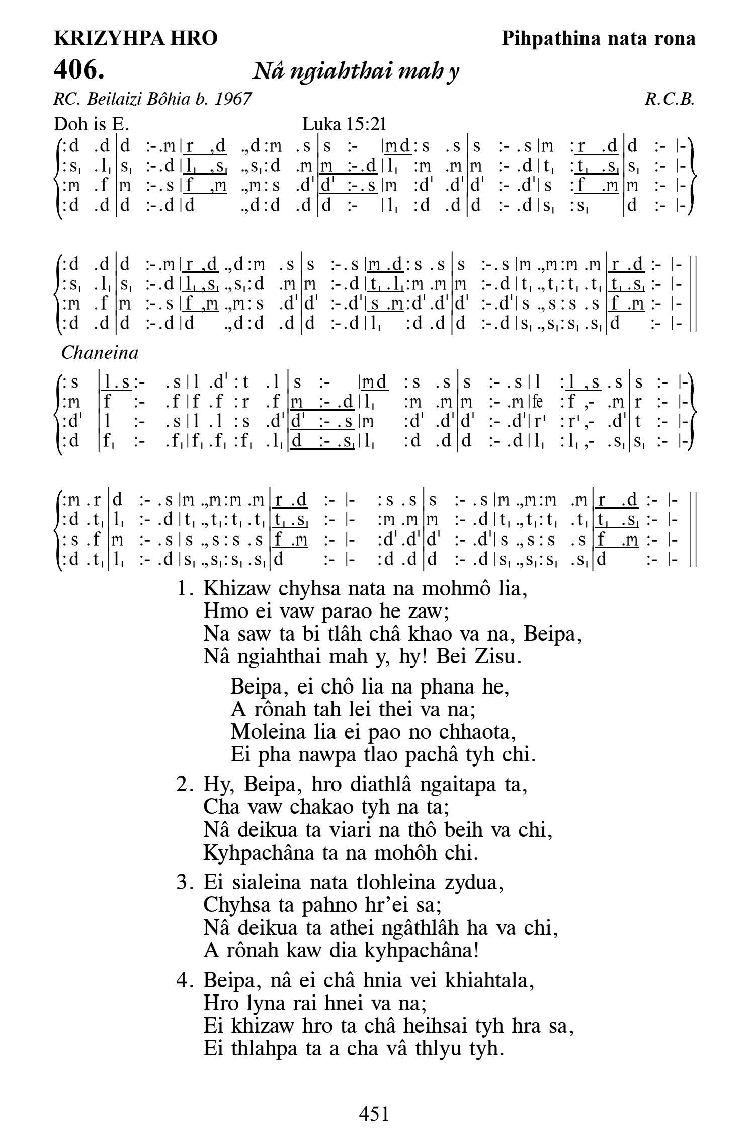 Hymn 406, “Nâ ngiahthai mah y”, Edition 13