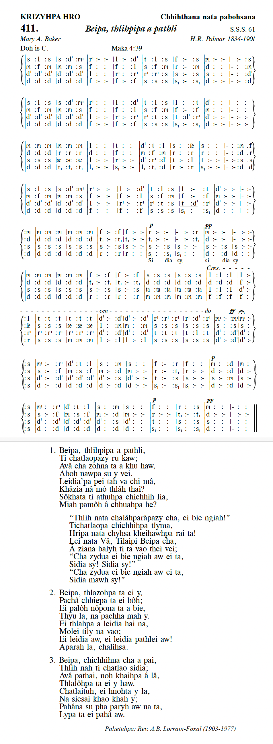 Hymn 411, “Beipa, thlihpipa a pathli”, Edition 13