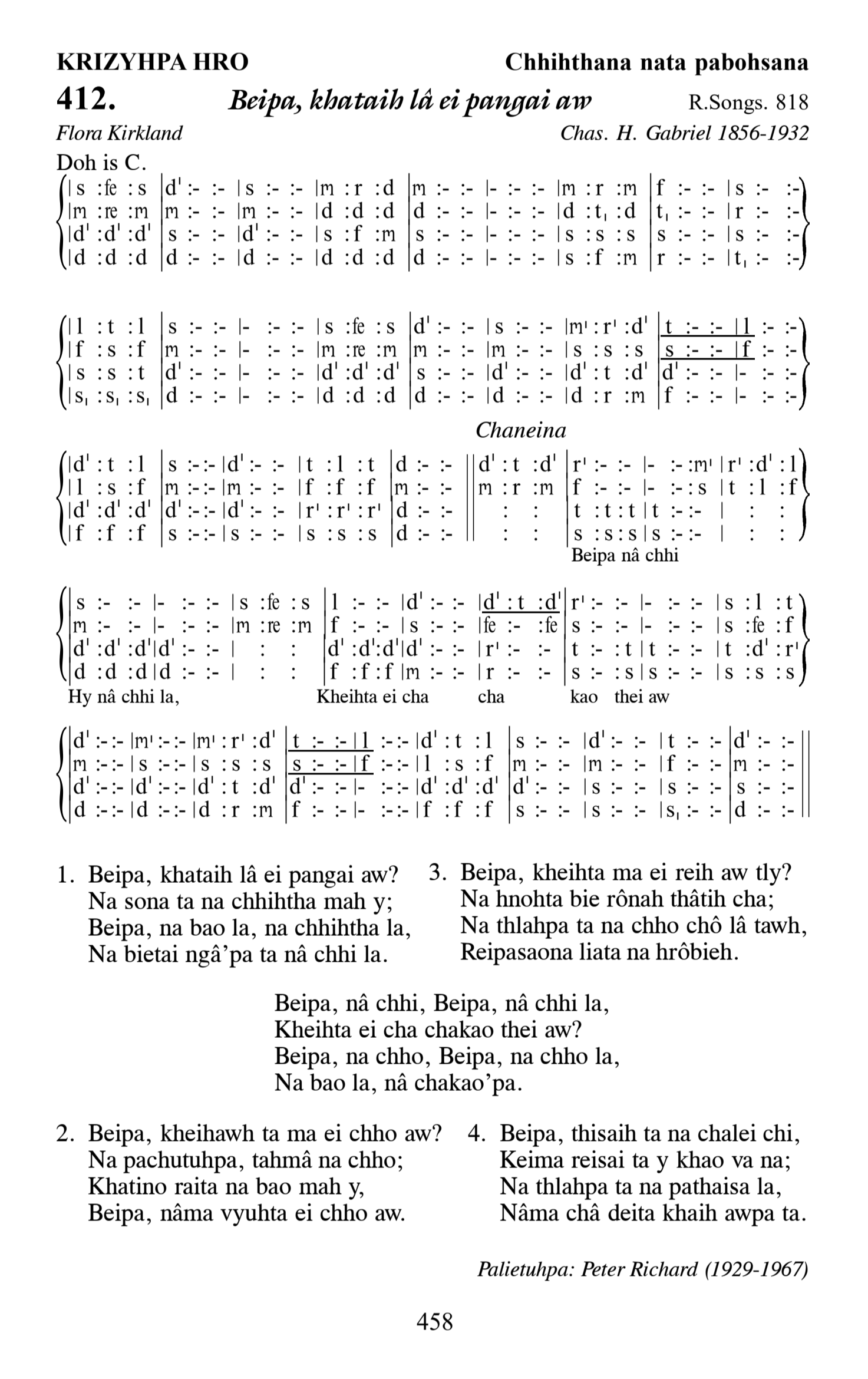 Hymn 412, “Beipa, khataih lâ ei pangai aw”, Edition 13
