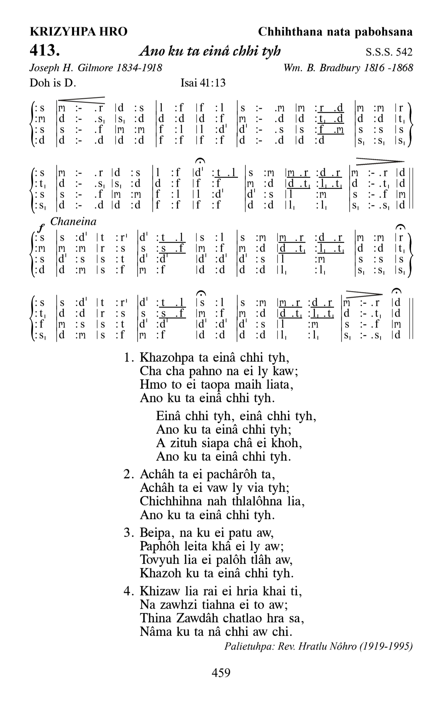 Hymn 413, “Ano ku ta einâ chhi tyh”, Edition 13