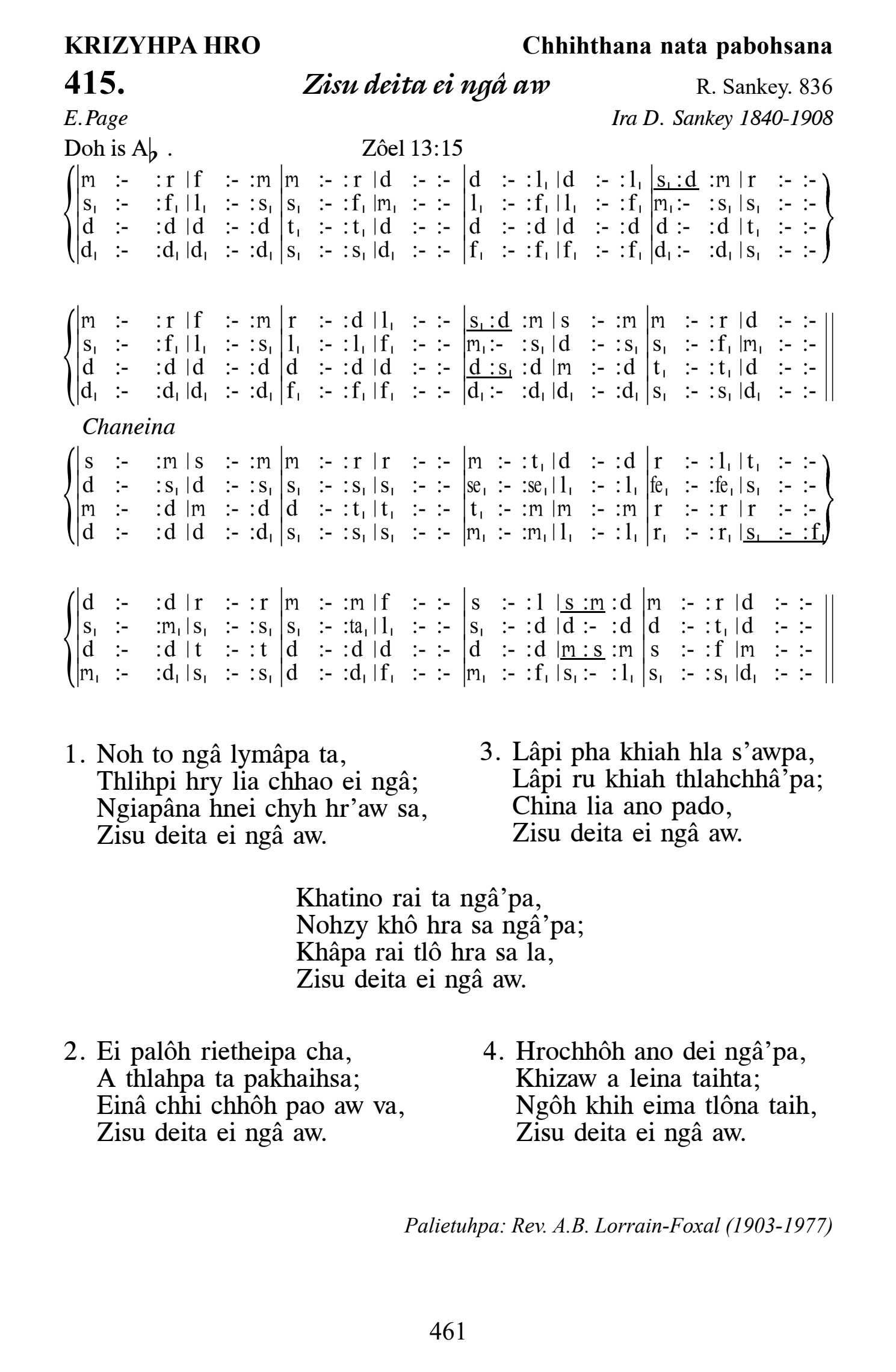 Hymn 415, “Zisu deita ei ngâ aw”, Edition 13