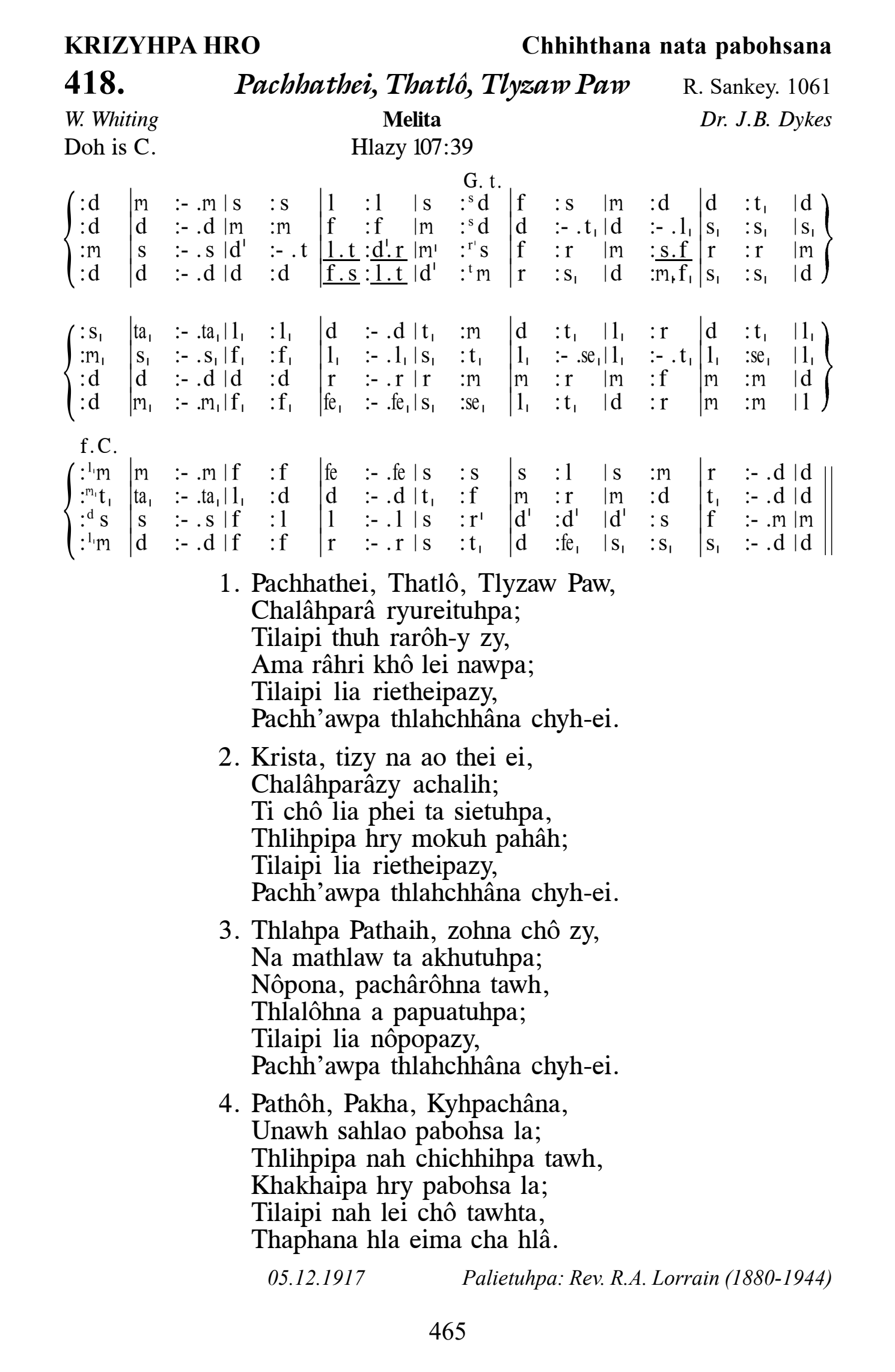 Hymn 418, “Pachhathei, Thatlô, Tlyzaw Paw”, Edition 13