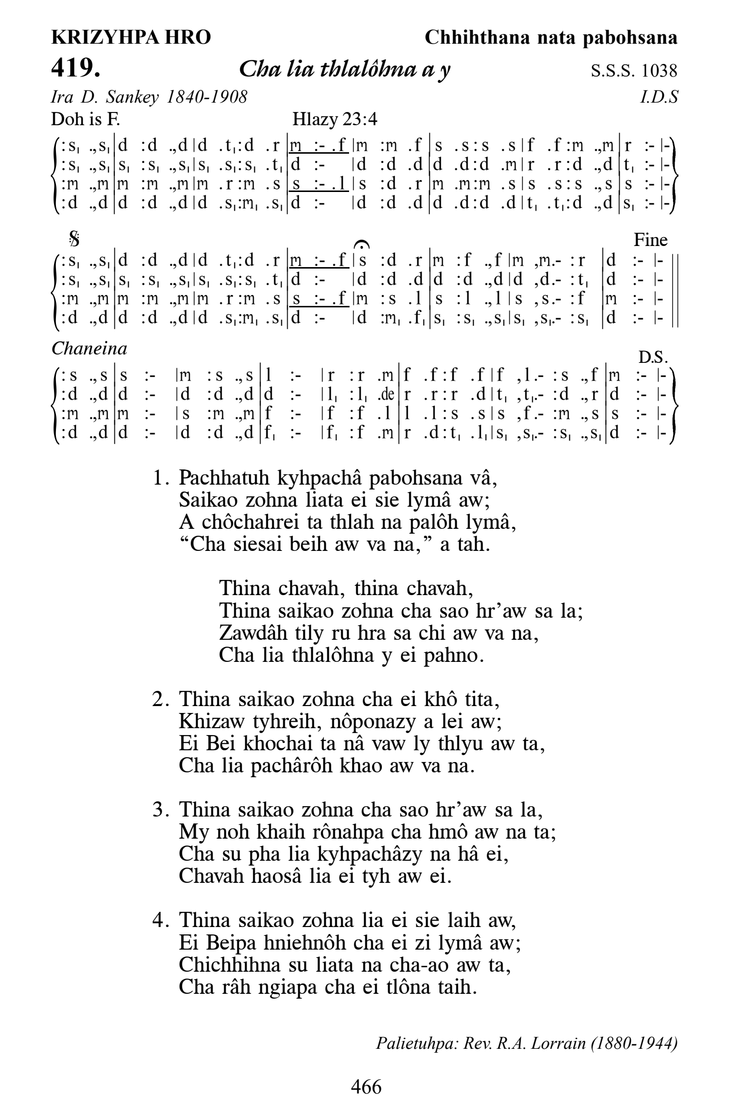 Hymn 419, “Cha lia thlalôhna a y”, Edition 13
