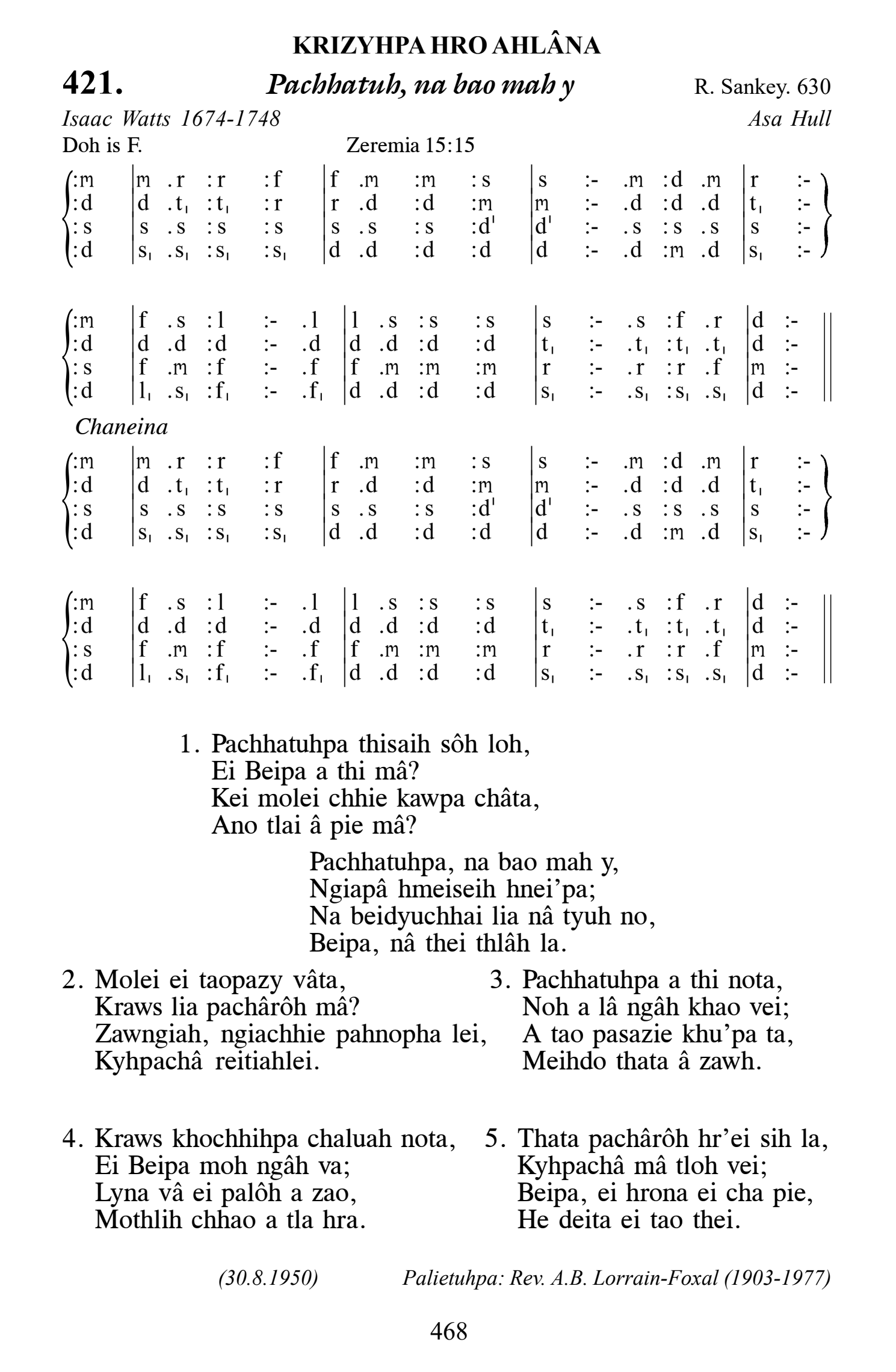 Hymn 421, “Pachhatuh, na bao mah y”, Edition 13