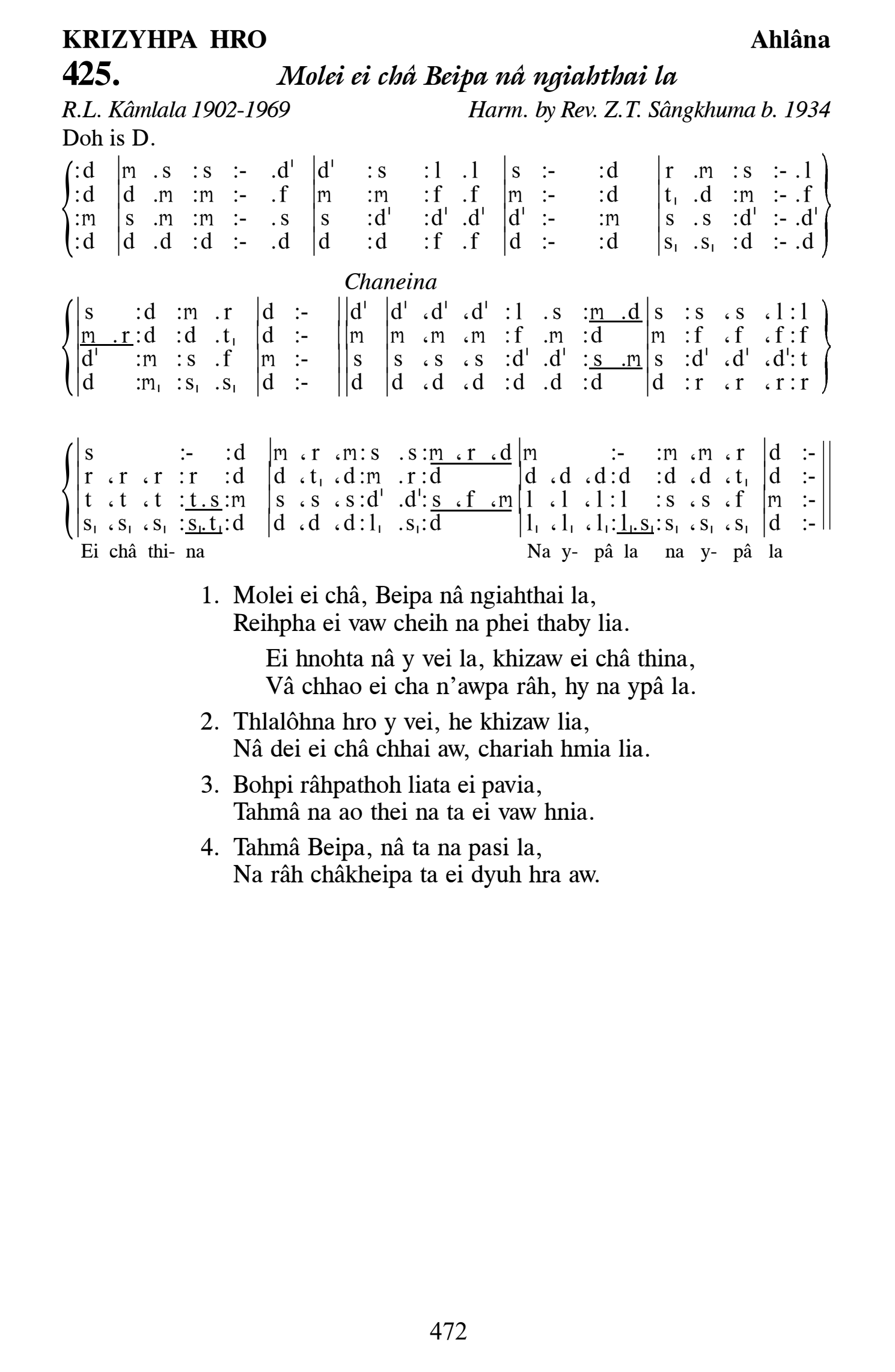 Hymn 425, “Molei ei châ Beipa nâ ngiahthai la”, Edition 13