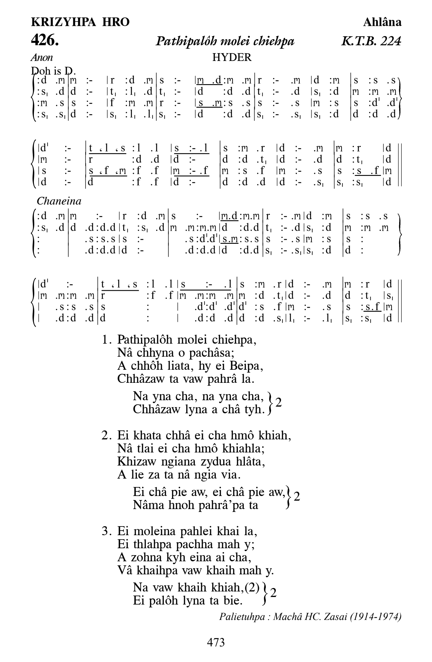 Hymn 426, “Pathipalôh molei chiehpa”, Edition 13