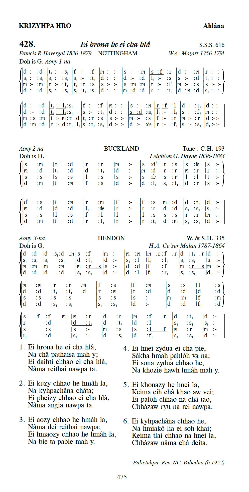 Hymn 428, “Ei hrona he ei cha hlâ”, Edition 13