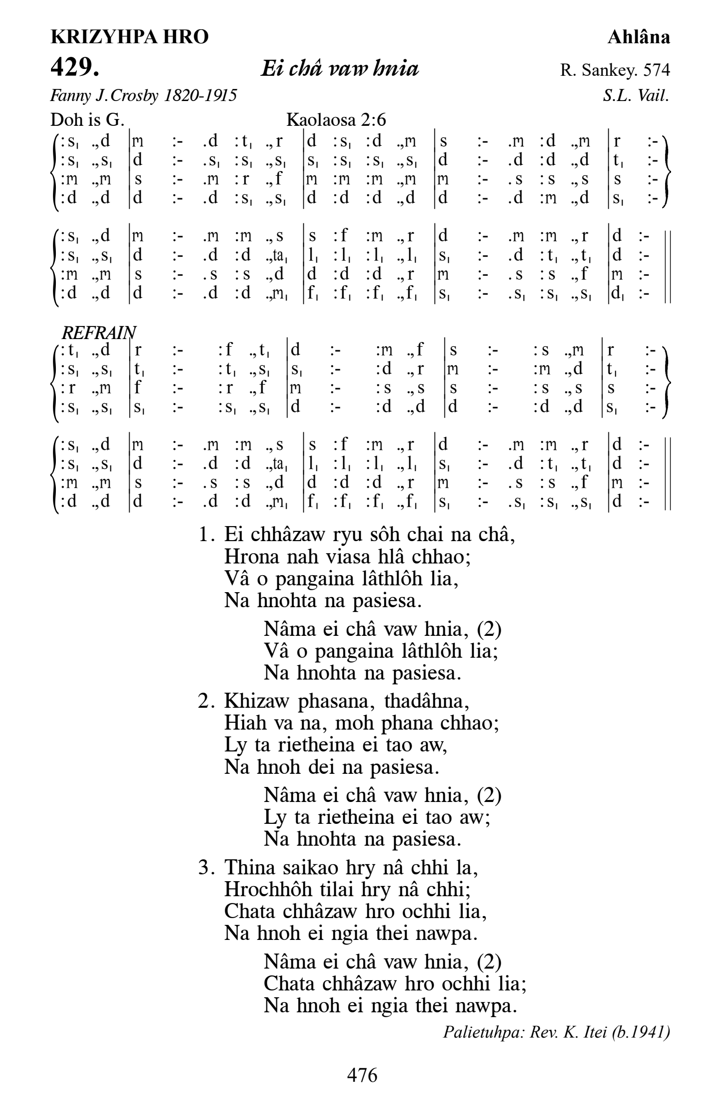 Hymn 429, “Ei châ vaw hnia”, Edition 13