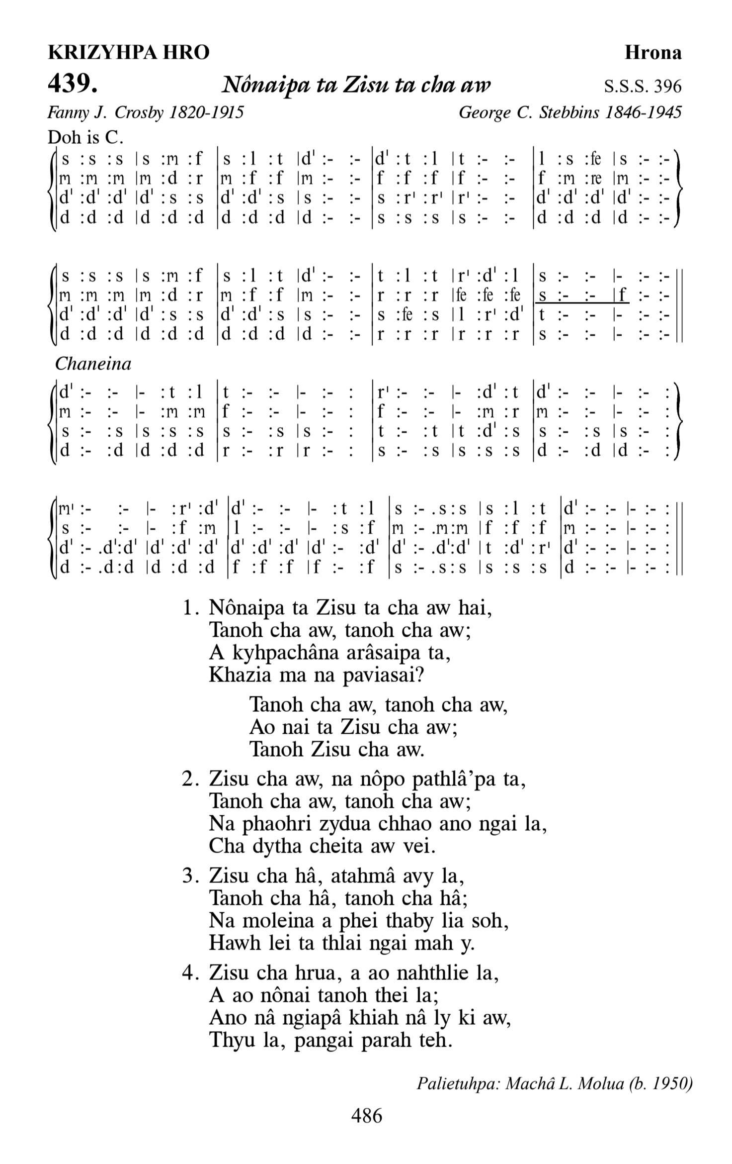 Hymn 439, “Nônaipa ta Zisu ta cha aw”, Edition 13