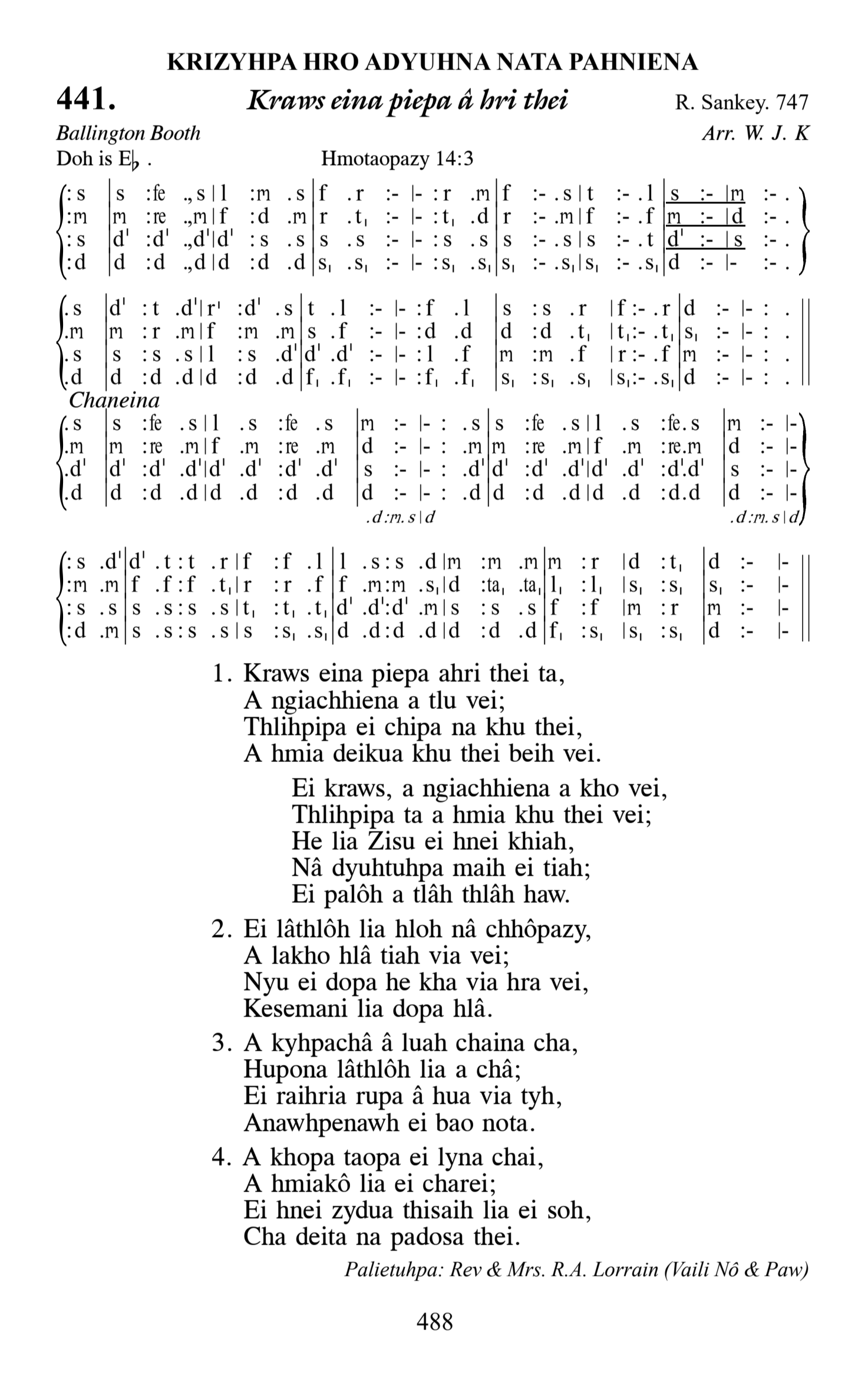 Hymn 441, “Kraws eina piepa â hri thei”, Edition 13