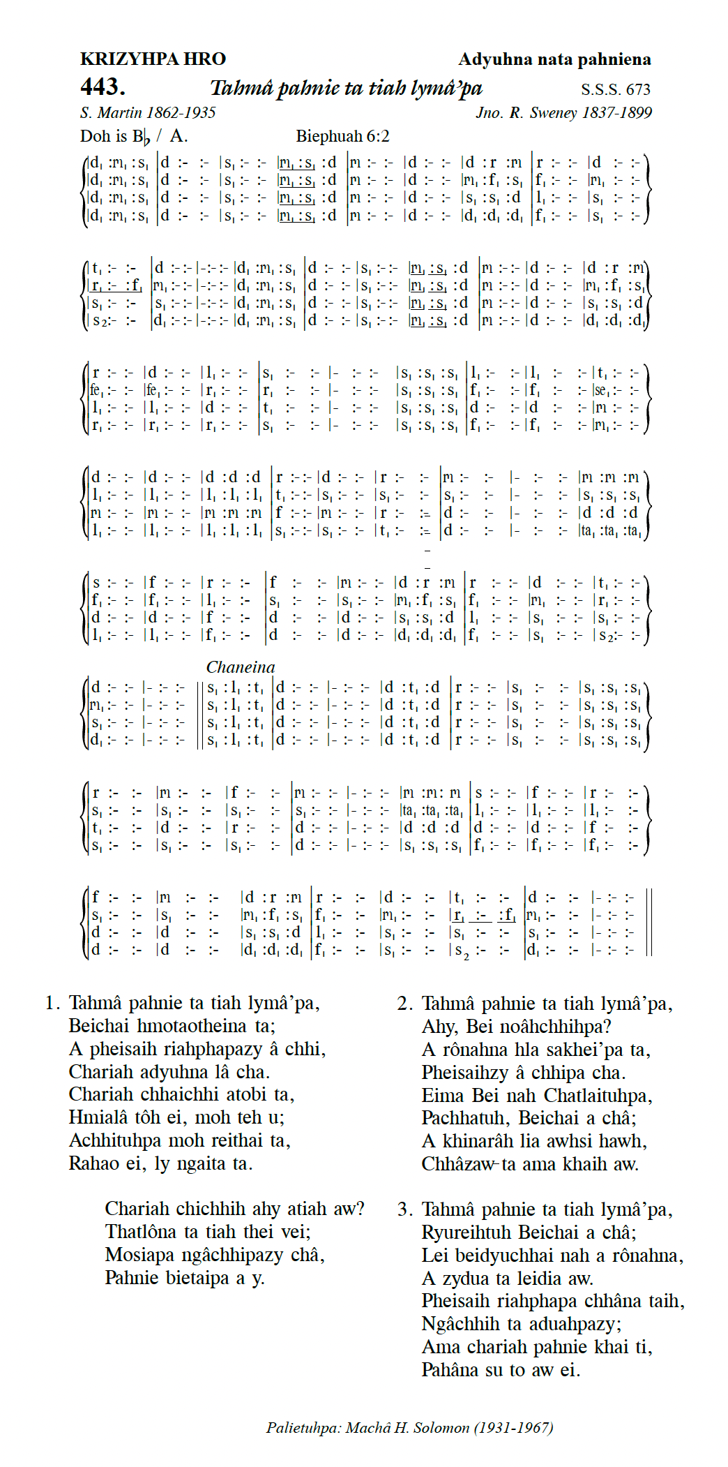 Hymn 443, “Tahmâ pahnie ta tiah lymâ’pa”, Edition 13