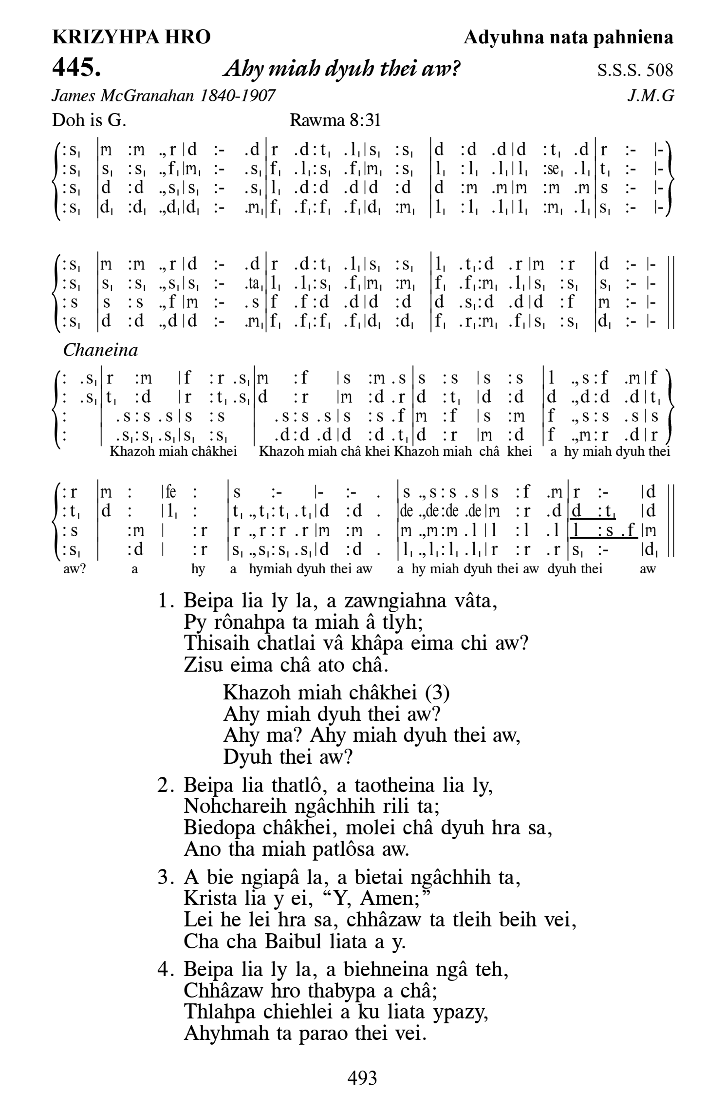 Hymn 445, “Ahy miah dyuh thei aw?”, Edition 13