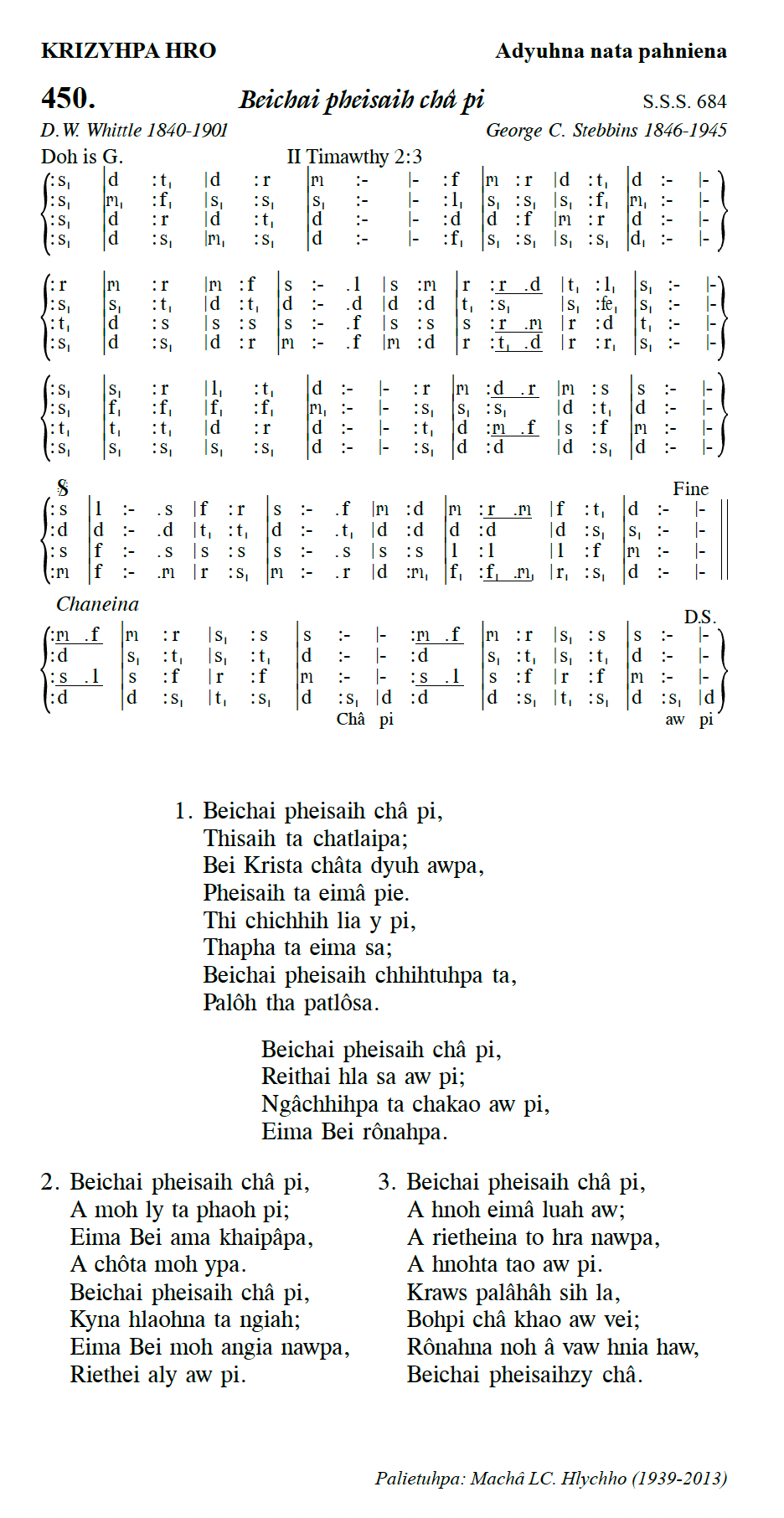 Hymn 450, “Beichai pheisaih châ pi”, Edition 13